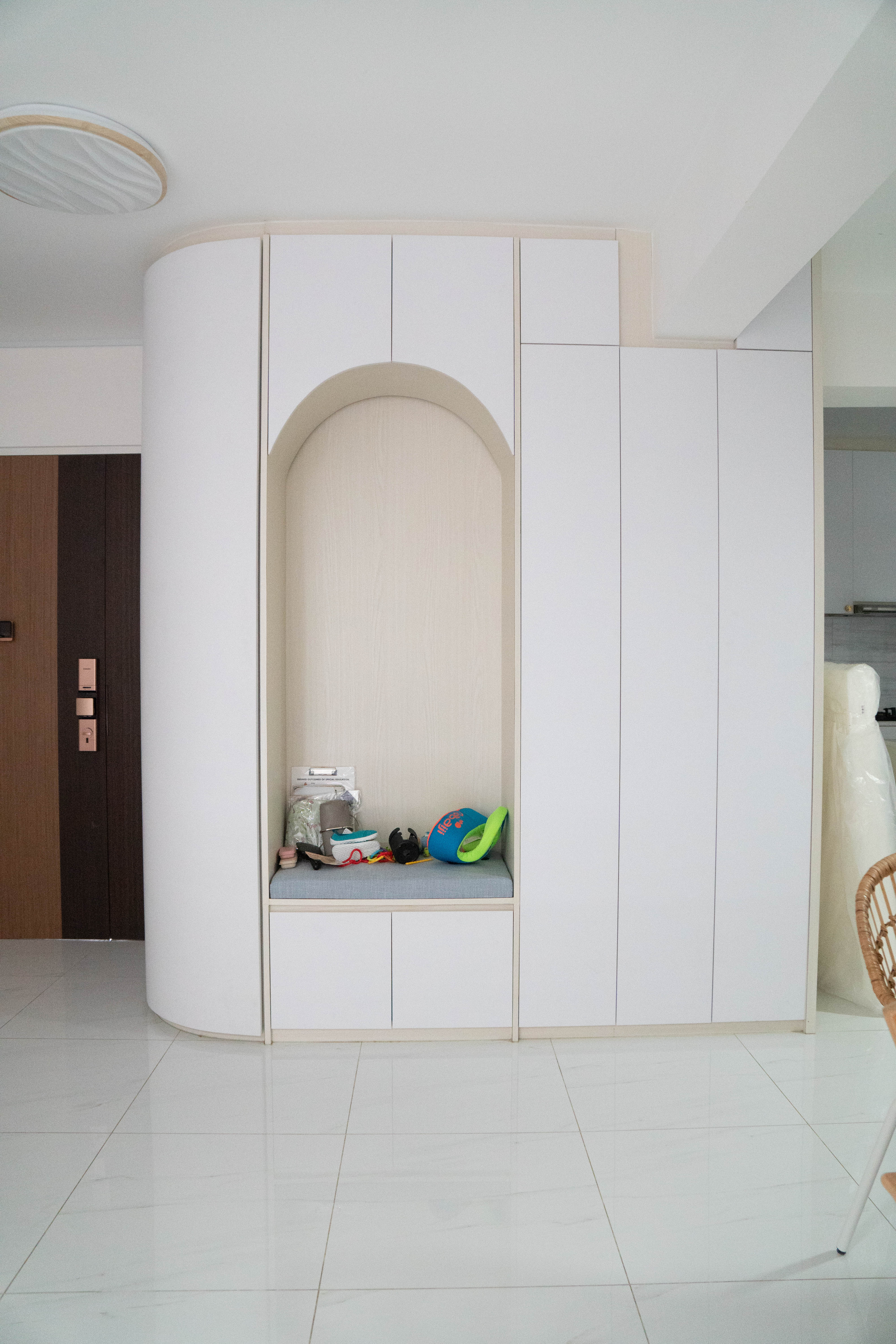 Japandi Living & Dining @ GreenFlora - White modern kitchen cabinets, minimalist design, integrated shelving, floating