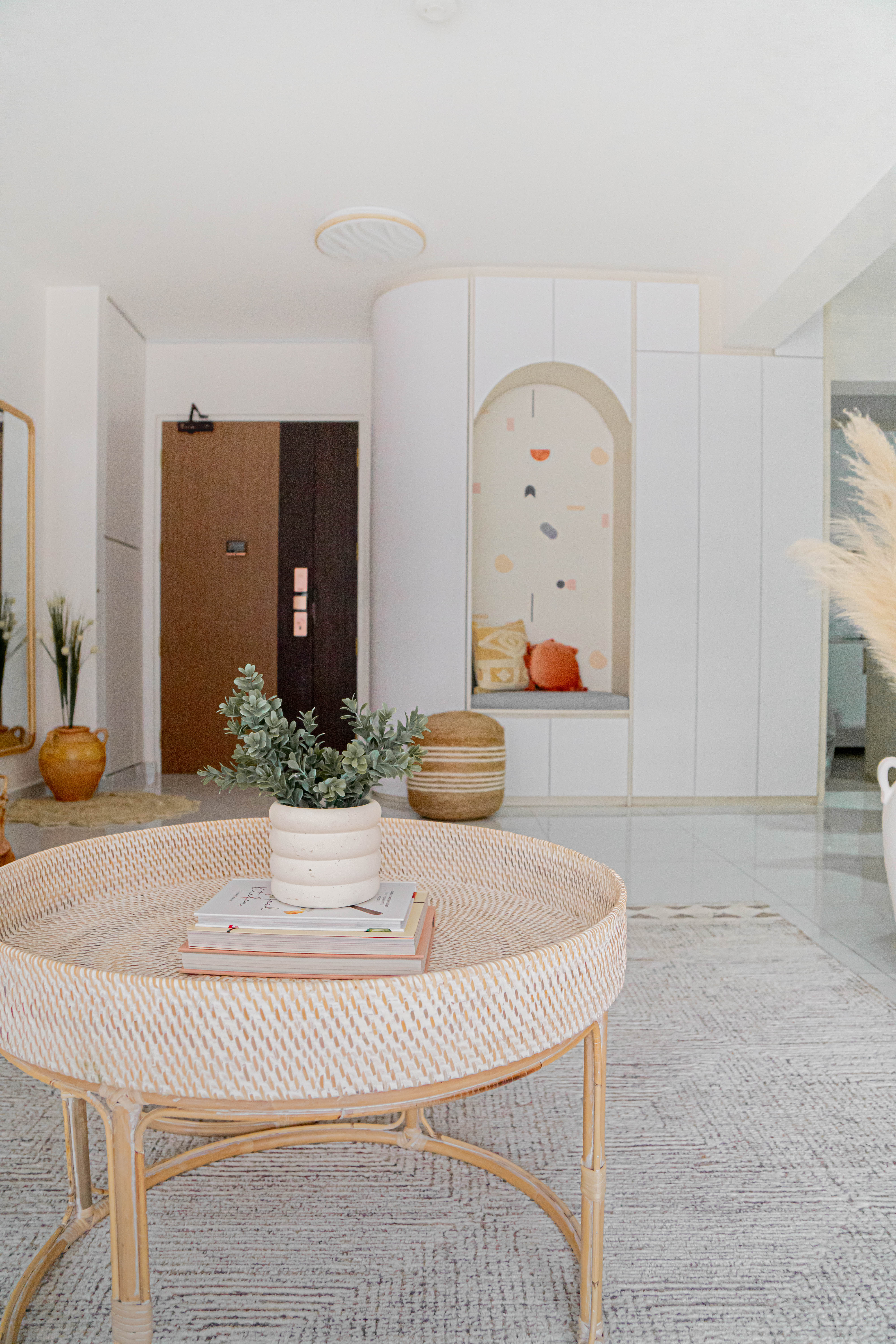 Japandi Living & Dining @ GreenFlora - Modern minimalist living room, cozy seating area, wicker coffee table, decorative