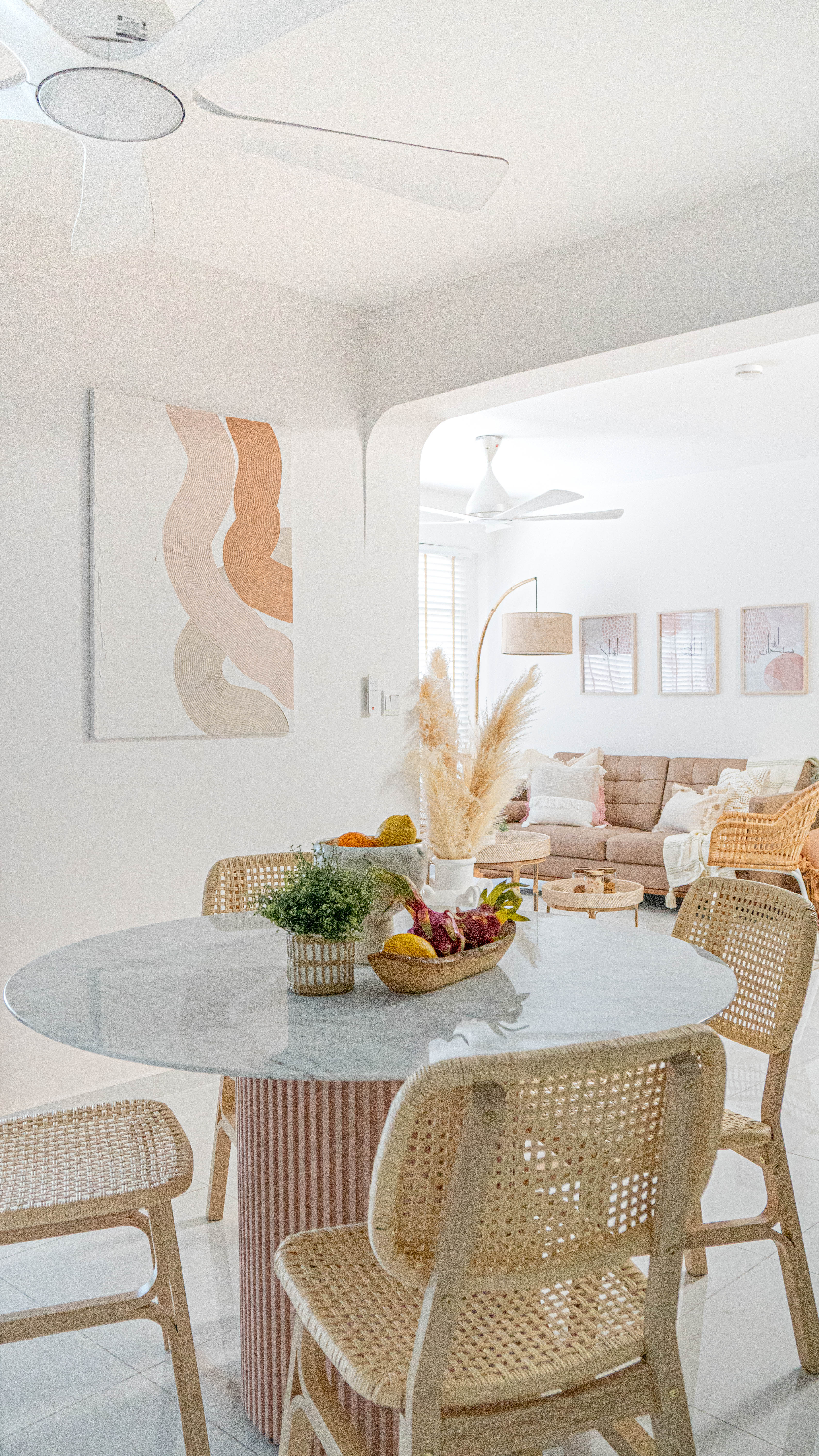 Japandi Living & Dining @ GreenFlora - Modern minimalist living room, contemporary furniture, white walls, abstract art