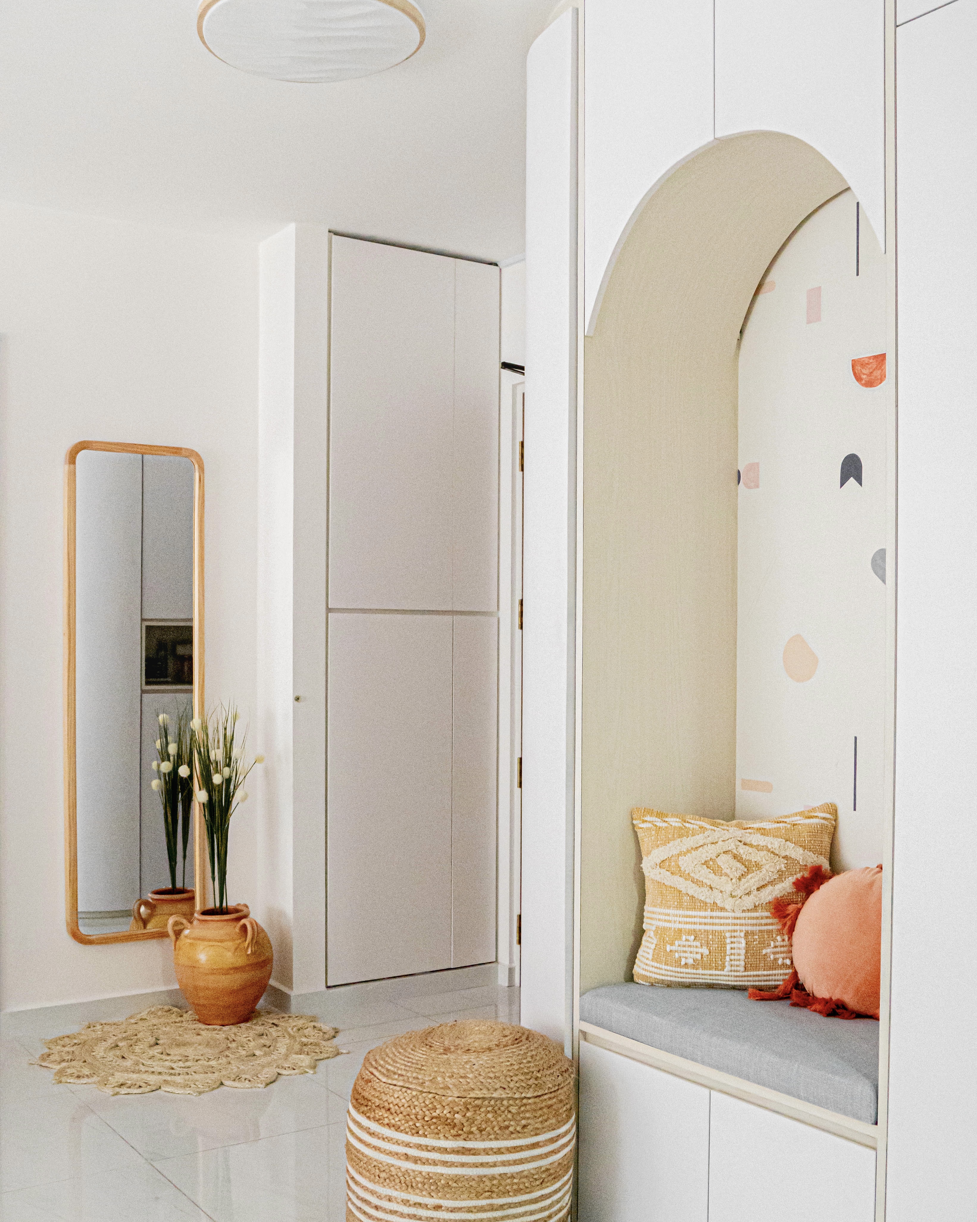 Japandi Living & Dining @ GreenFlora - Modern minimalist interior, neutral color palette, large mirror, white walls