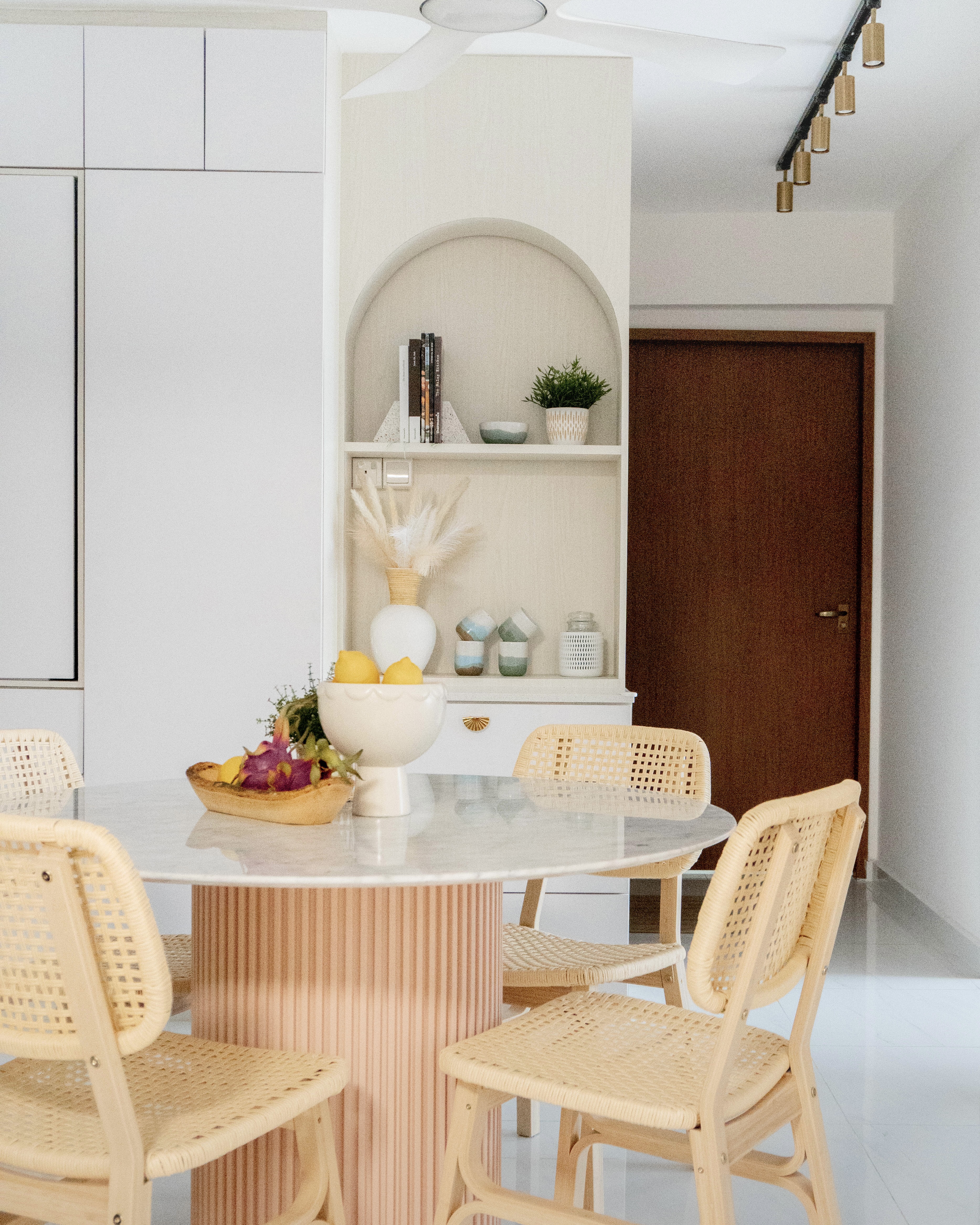 Japandi Living & Dining @ GreenFlora - Modern dining room with minimalist design, white cabinets, sleek kitchen appliances