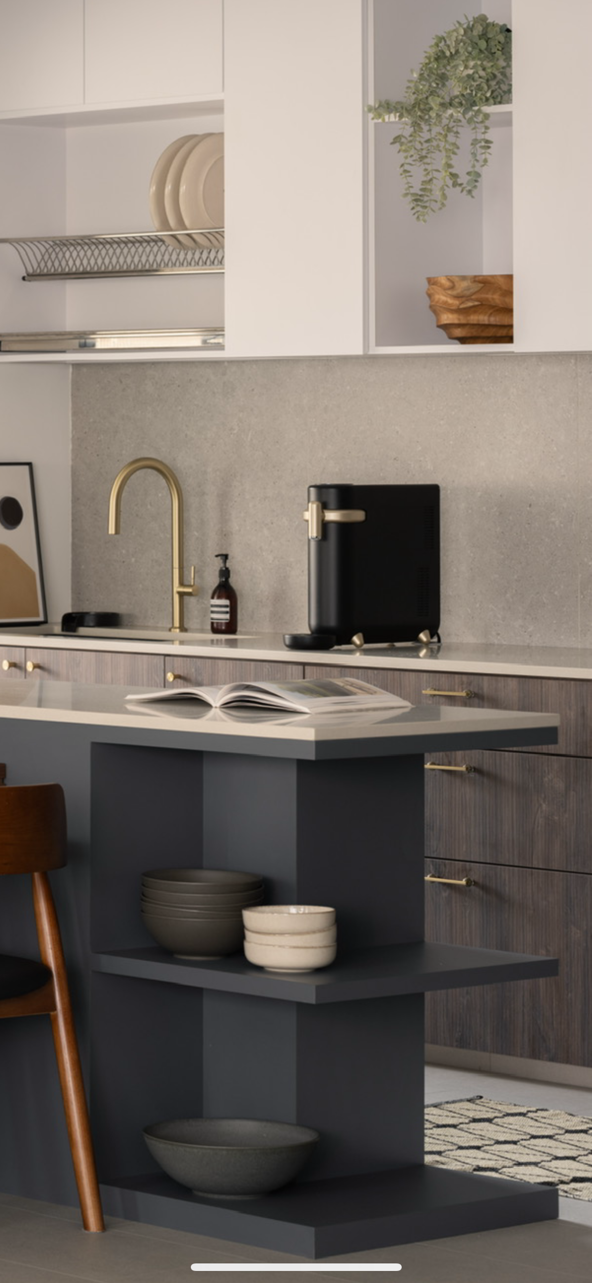 A mid-century modern home in the East - modern kitchen, minimalist design, sleek cabinets, open shelf, dining area, dining