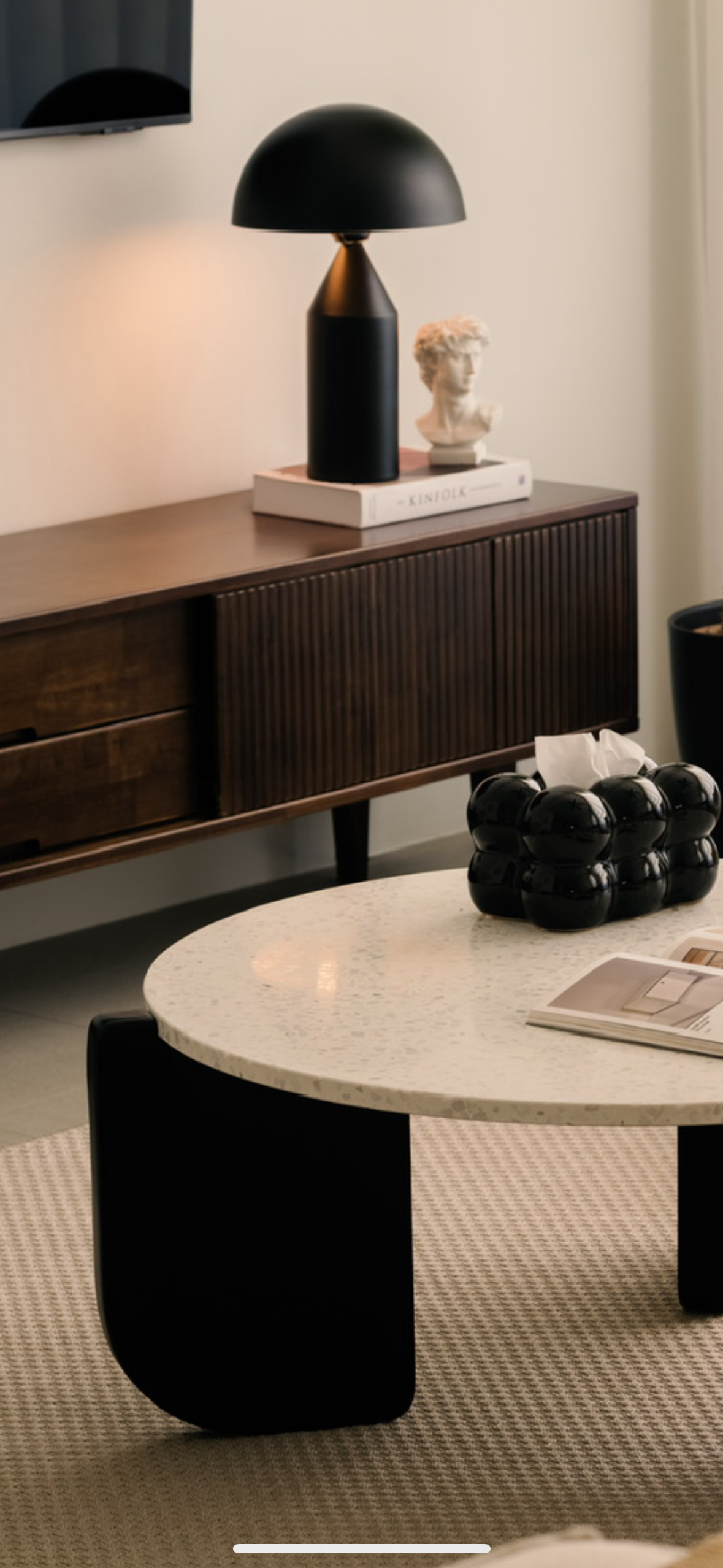 A mid-century modern home in the East - modern living room, minimalist decor, contemporary furniture, black and white color