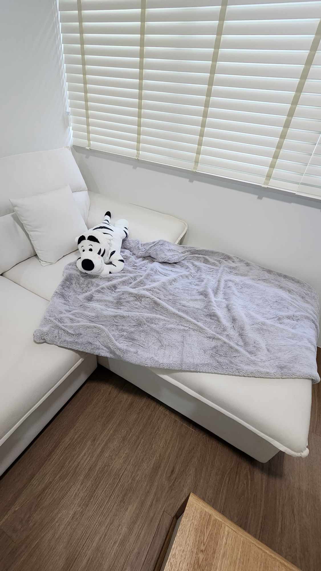 Our little cozy space in the home  - White sofa, gray blanket, white pillows, zebra plush toy, window blinds, wooden floor