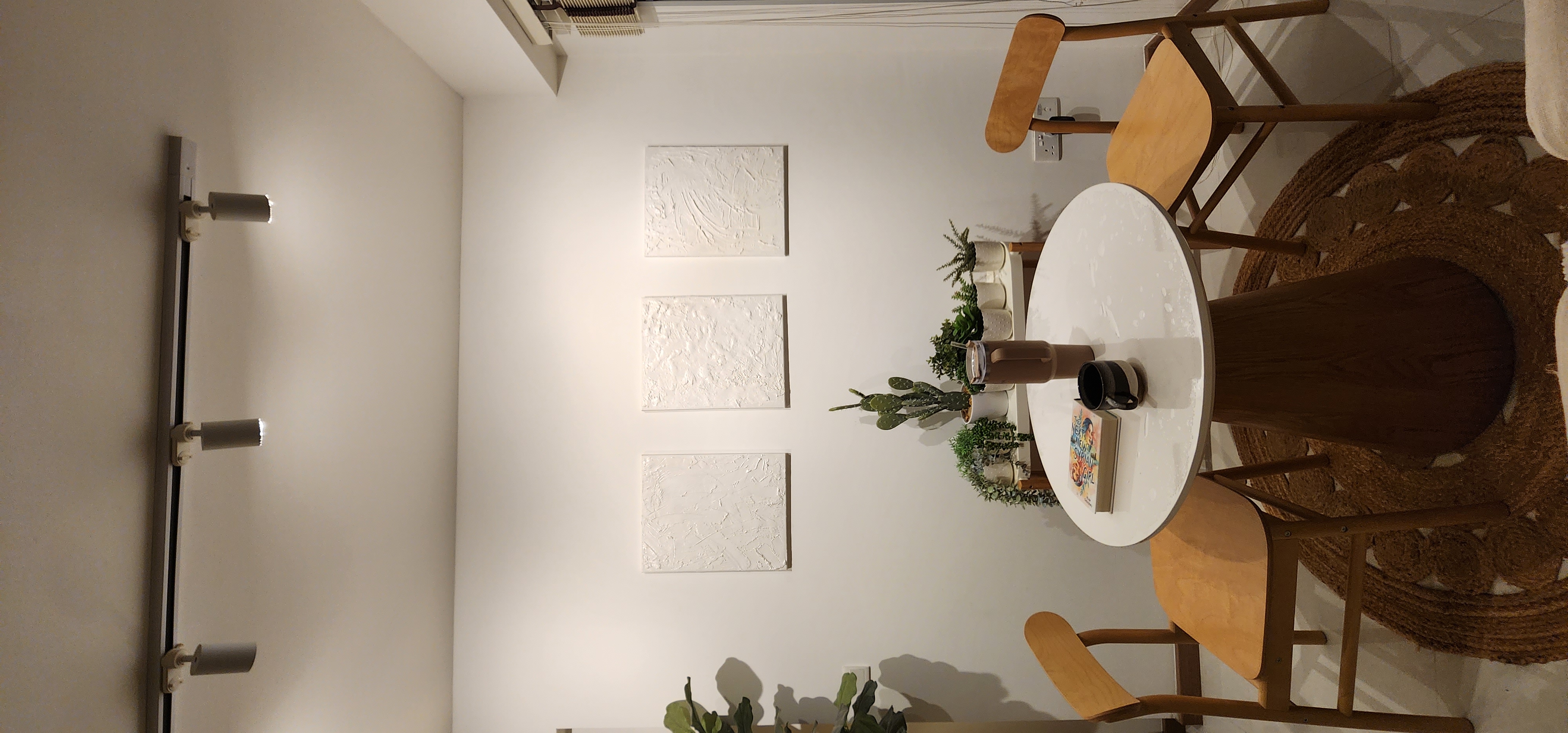 How to Hygge, Hoo Guh your life?! - Minimalist dining room, modern furniture, wooden chairs, round table, textured wall art