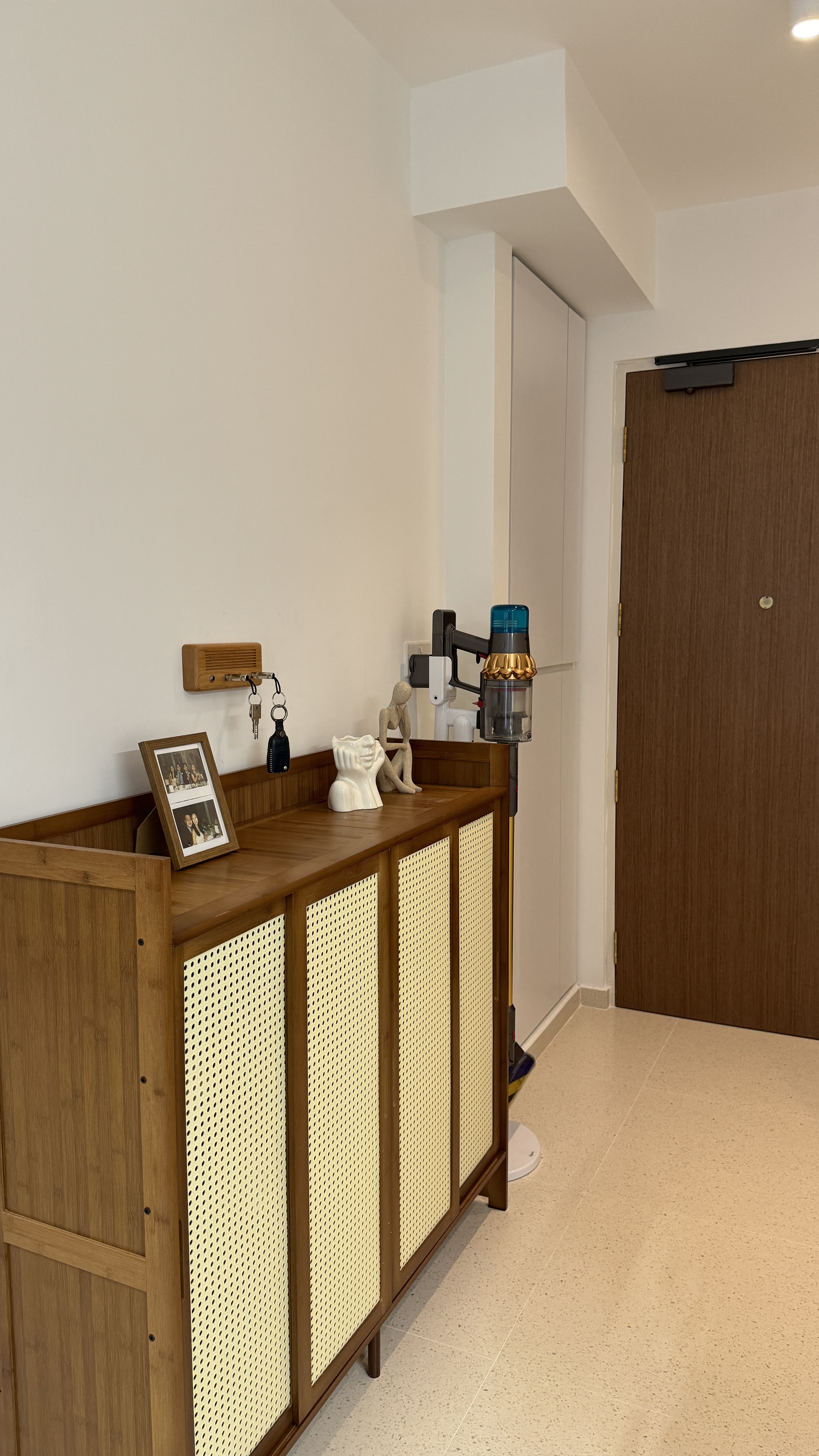 Modern Contemp, Japandi-Inspired, OurWeiHome in Bidadari - Wooden cabinet, beige partition, framed photos, decorative items