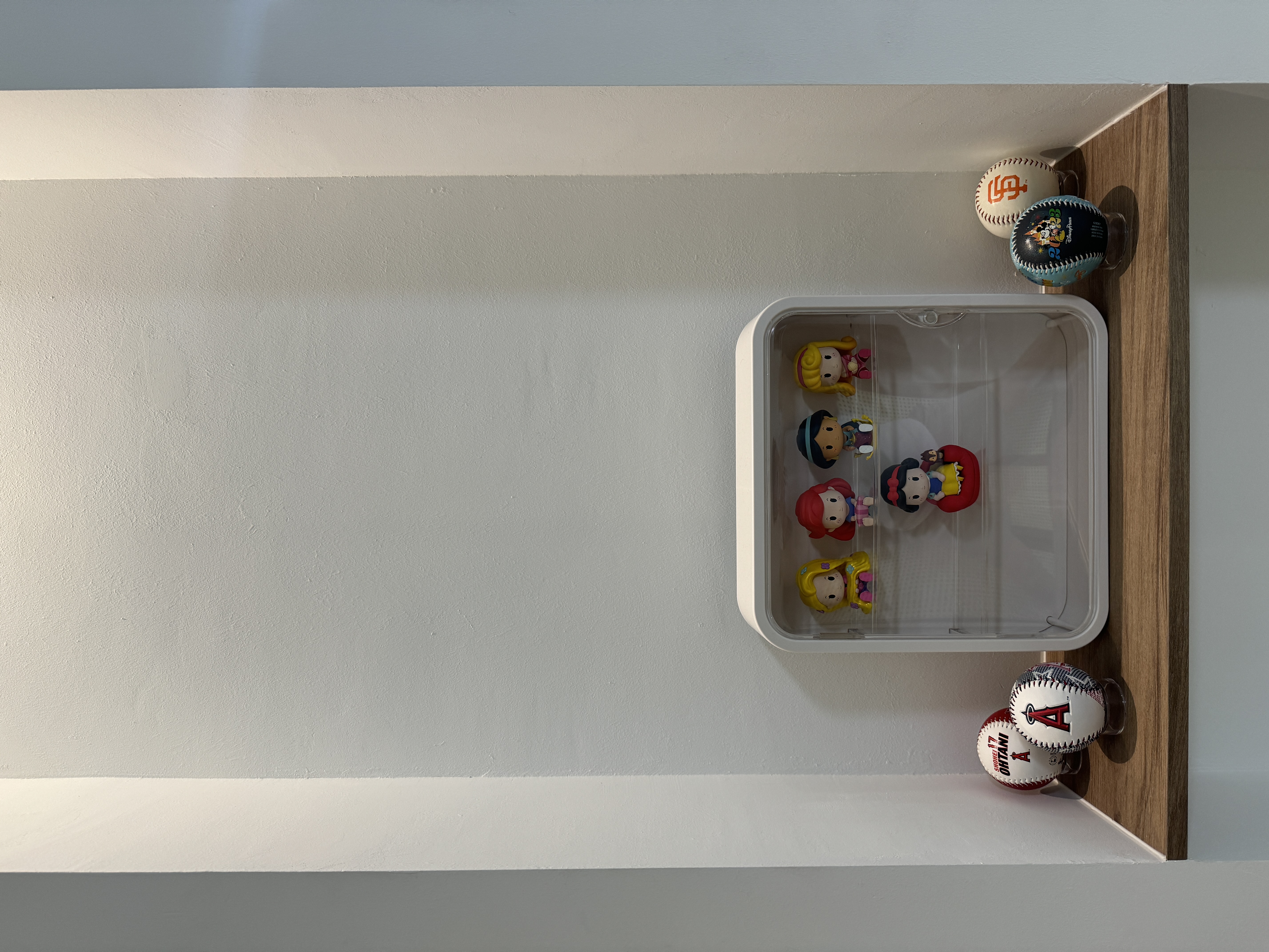 Modern Contemp, Japandi-Inspired, OurWeiHome in Bidadari - Baseballs and figurines neatly arranged on a shelf, Wooden shelf