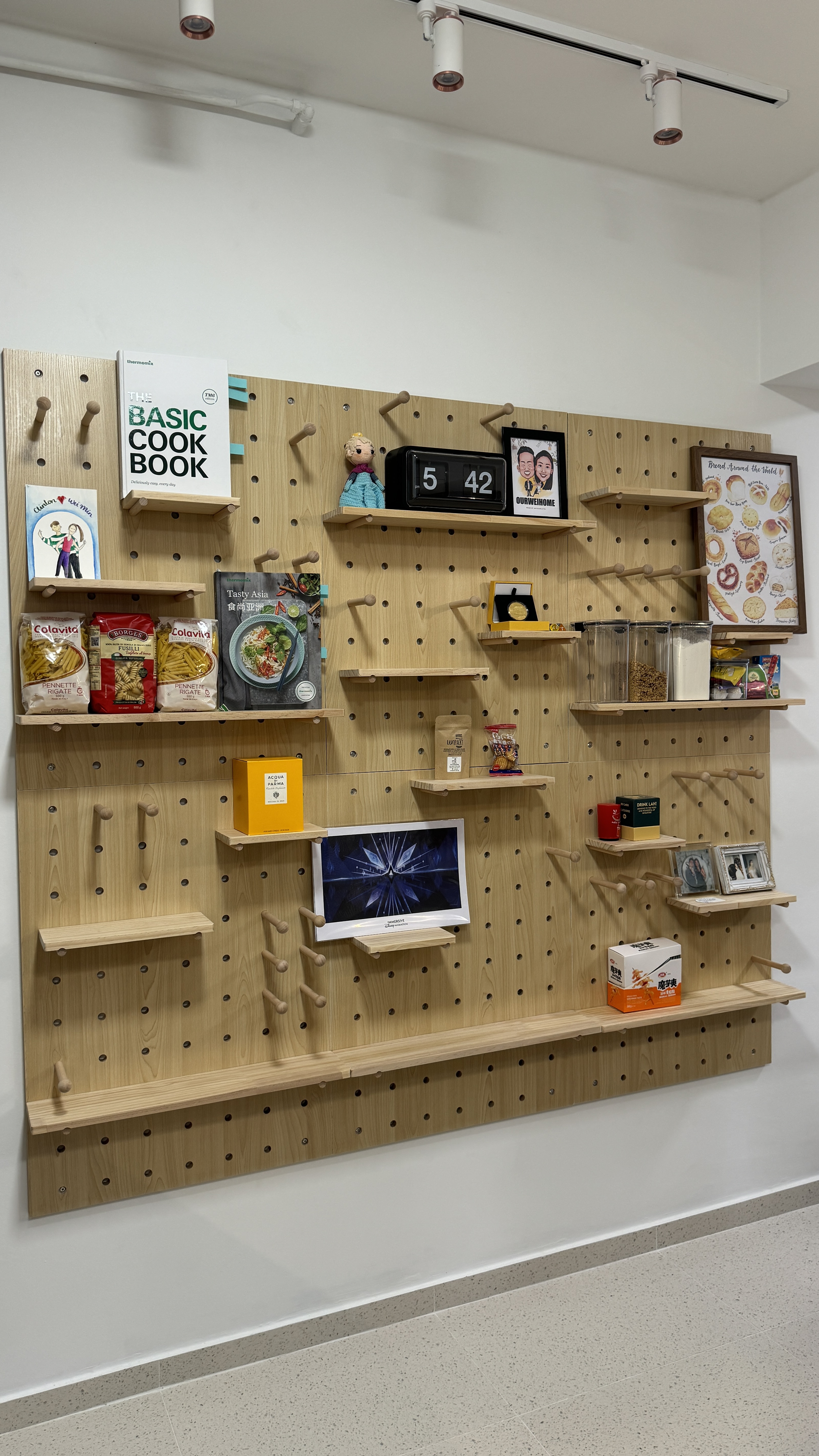 Modern Contemp, Japandi-Inspired, OurWeiHome in Bidadari - Wooden wall with various shelves, , "Basic Cook Book" prominently