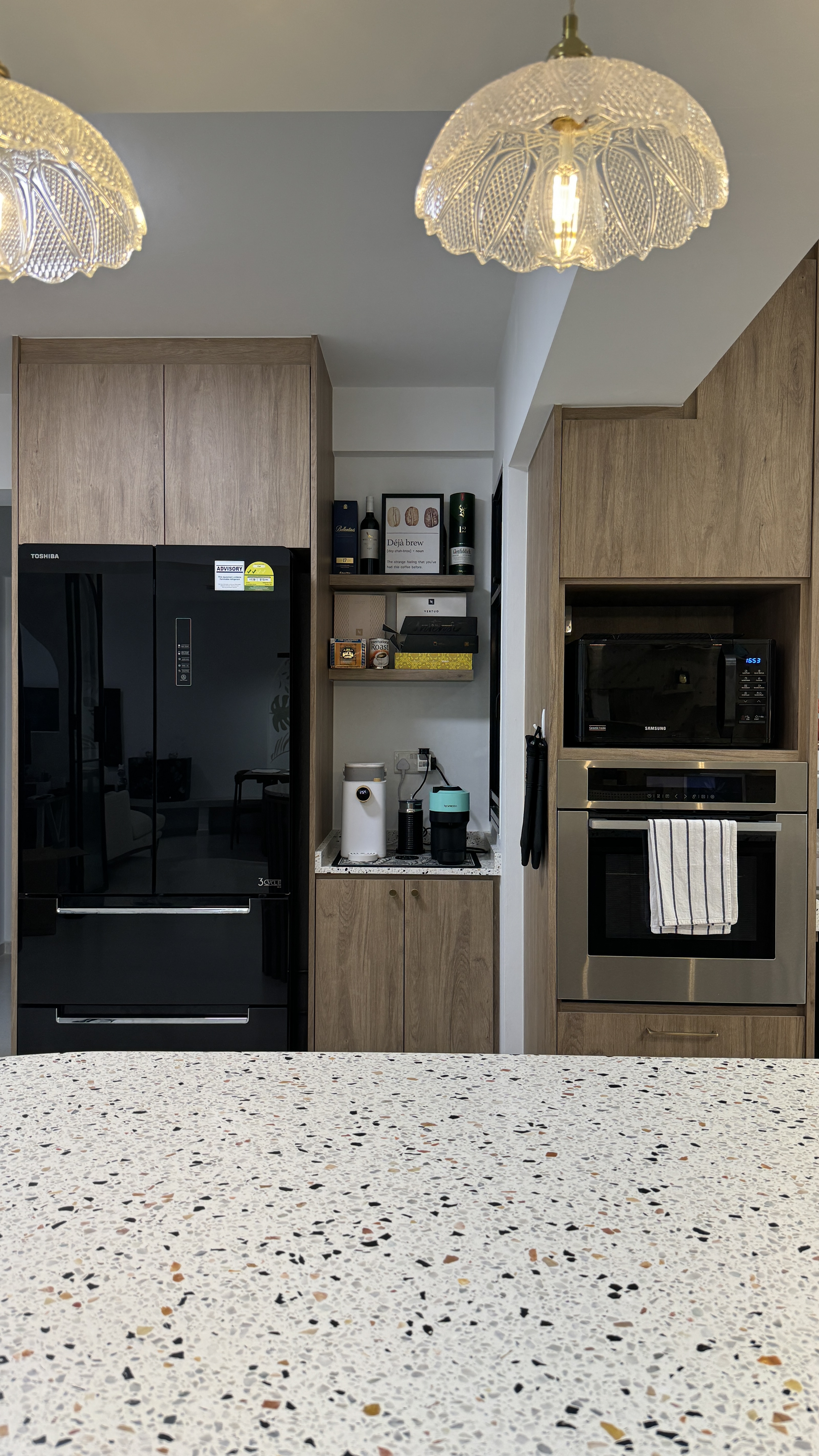 Modern Contemp, Japandi-Inspired, OurWeiHome in Bidadari - Modern kitchen with sleek appliances, black refrigerator