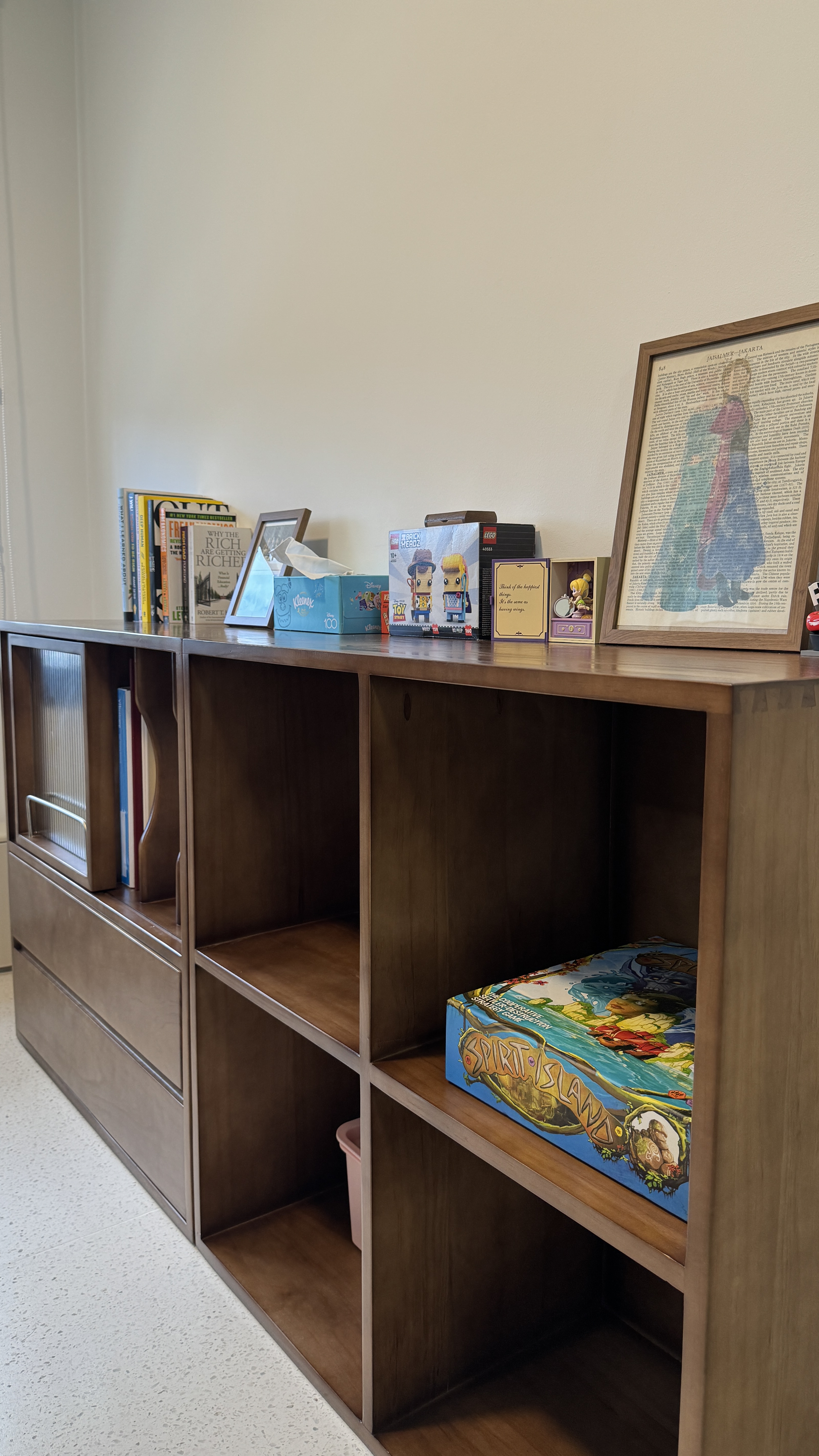 Modern Contemp, Japandi-Inspired, OurWeiHome in Bidadari - Wooden bookshelf, empty shelves, colorful board game, Disney