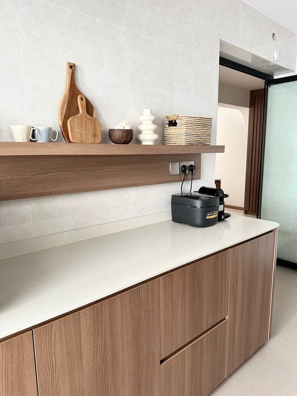 A self-designed flat with lots of neutrals & wood - Wooden kitchen counter, modern kitchen design, minimalist decor, wooden