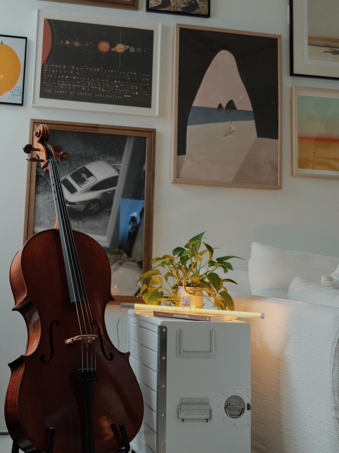 Welcome to a rented home designed to create and inspire - Cello, music room, violin, piano, harmonica, music stand, white