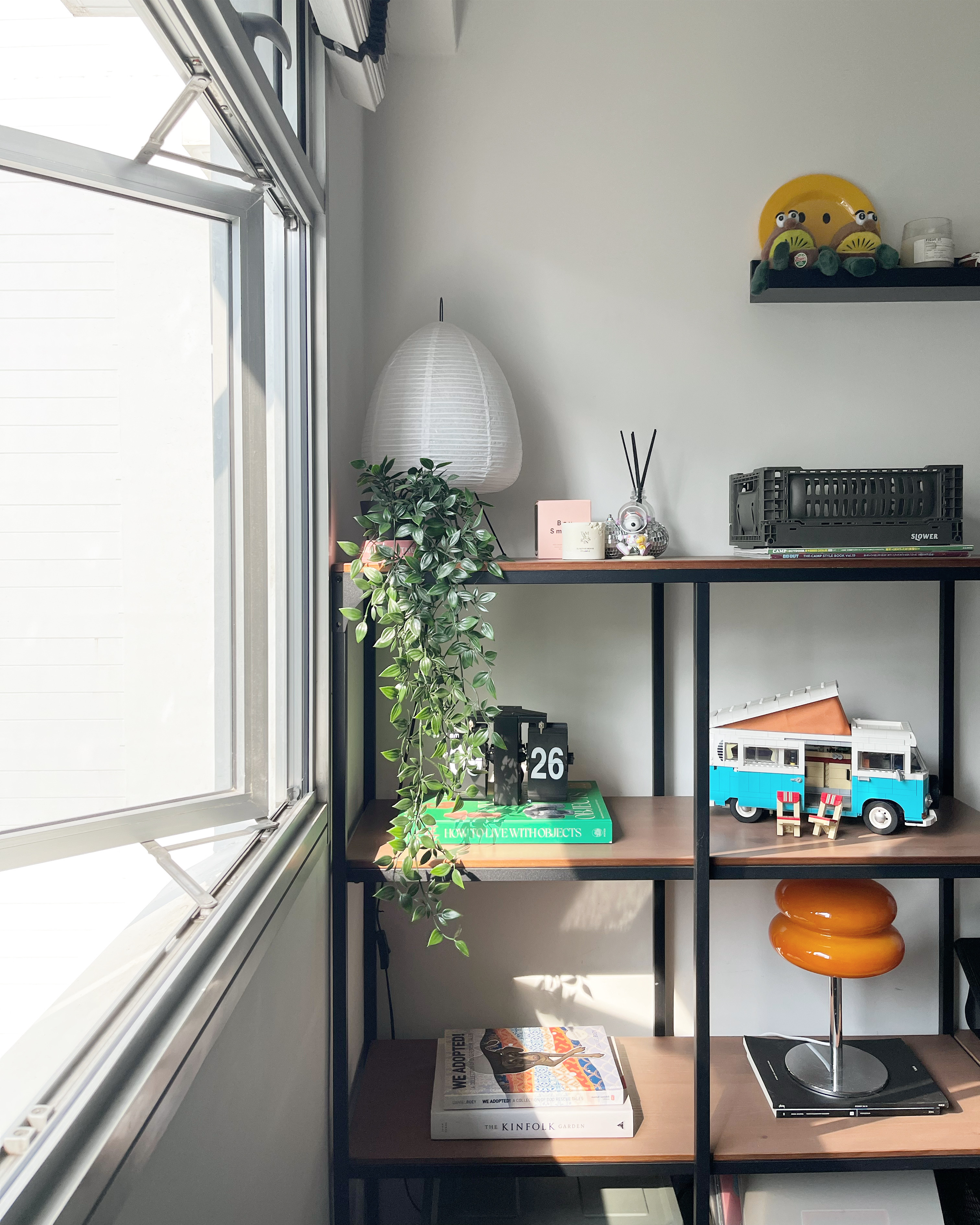 Third Year & Third Layout - sunlight streaming through window, indoor plants, modern shelf, white lampshade, green plant