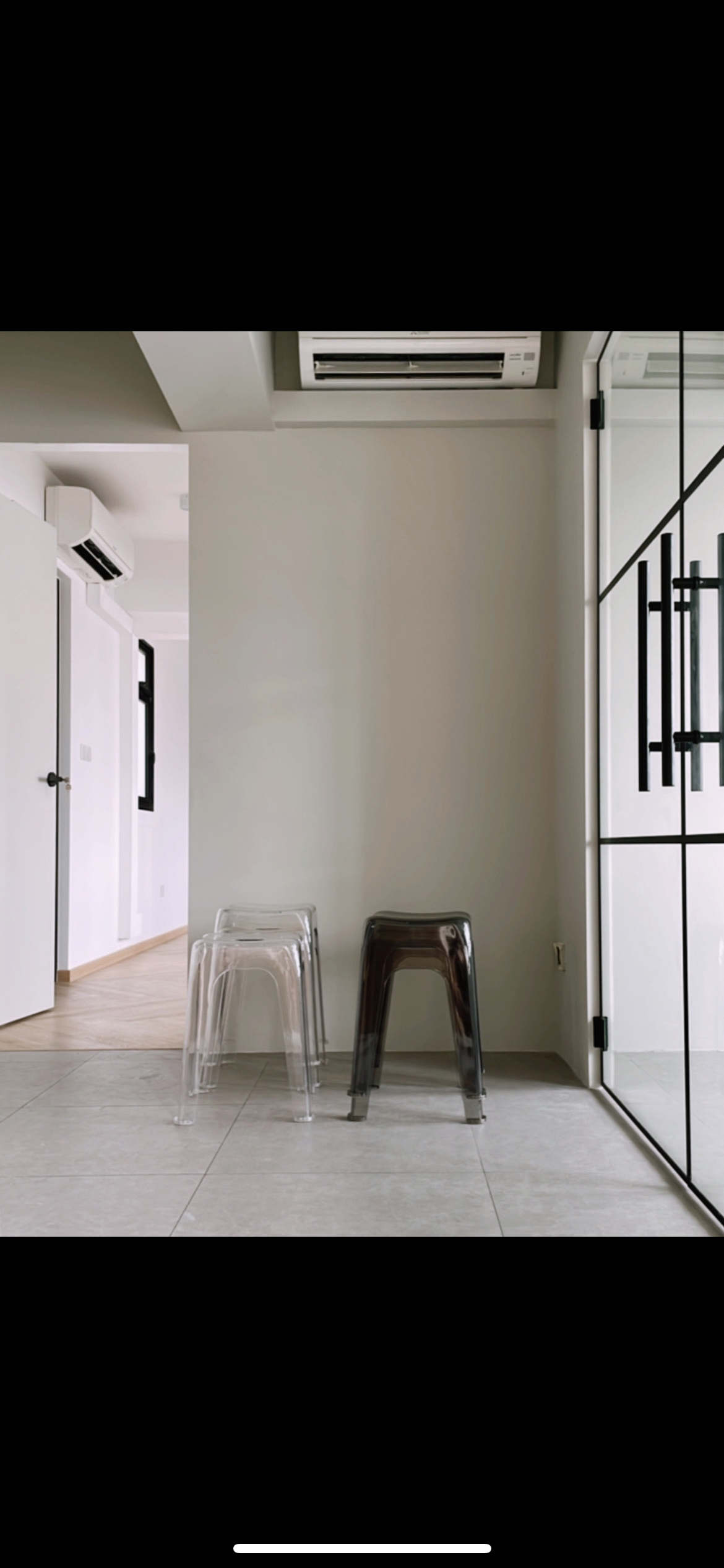 Our 70K Bedok Brutalist home reno journey! - Clear plastic stools, minimalist interior, modern design, sleek furniture