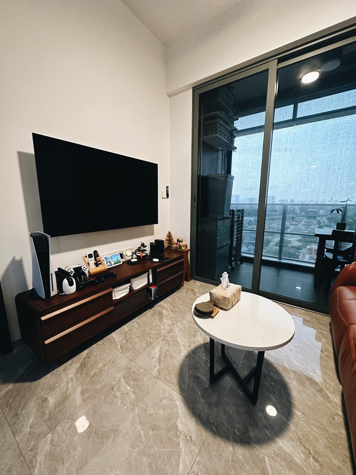 Smol Home best suits for singles & couples - Modern living room, sleek entertainment center, large flat-screen TV, minimalist