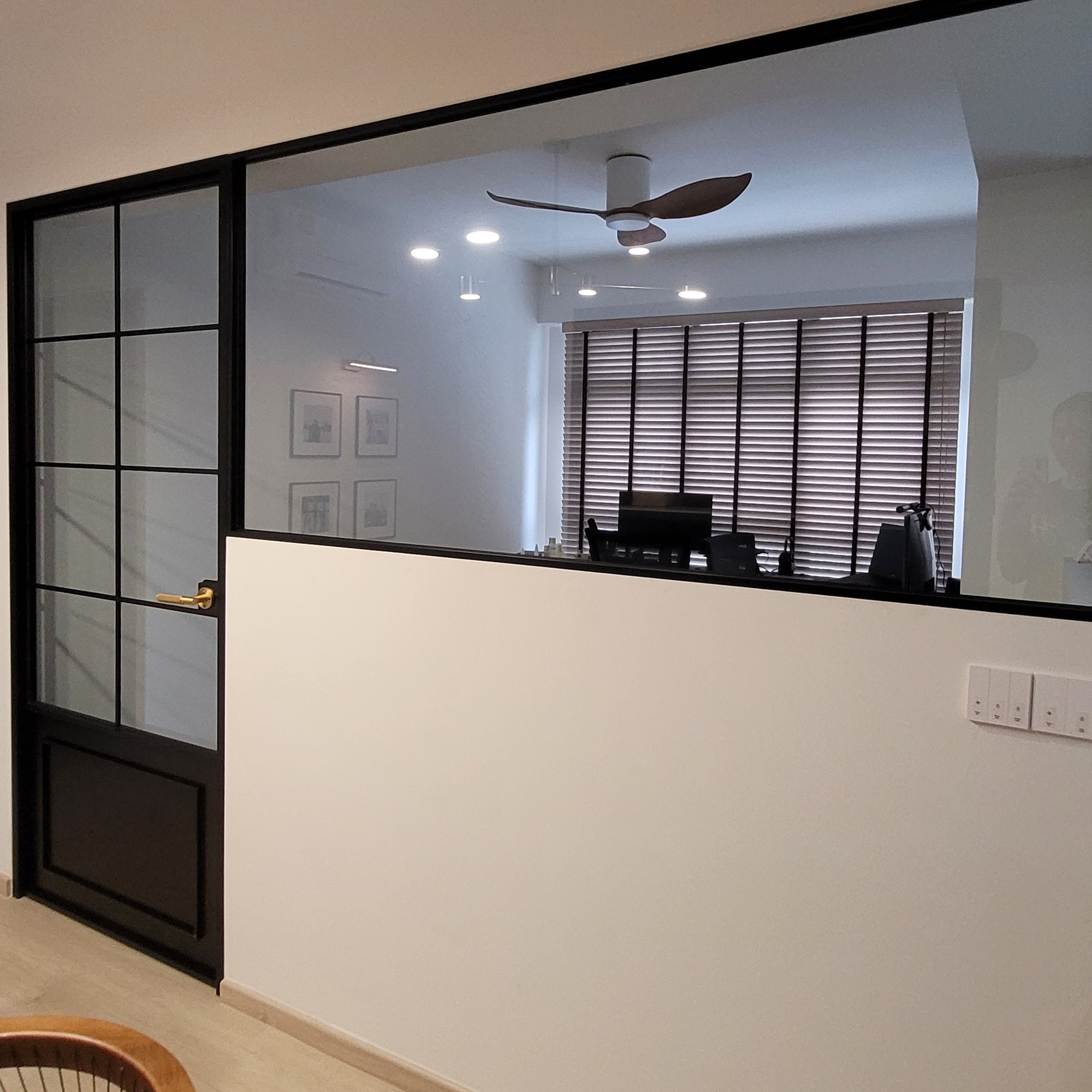 Step into our Modern Farmhouse with pops of Disney - Glass door, modern office, ceiling fan, recessed lighting, white walls