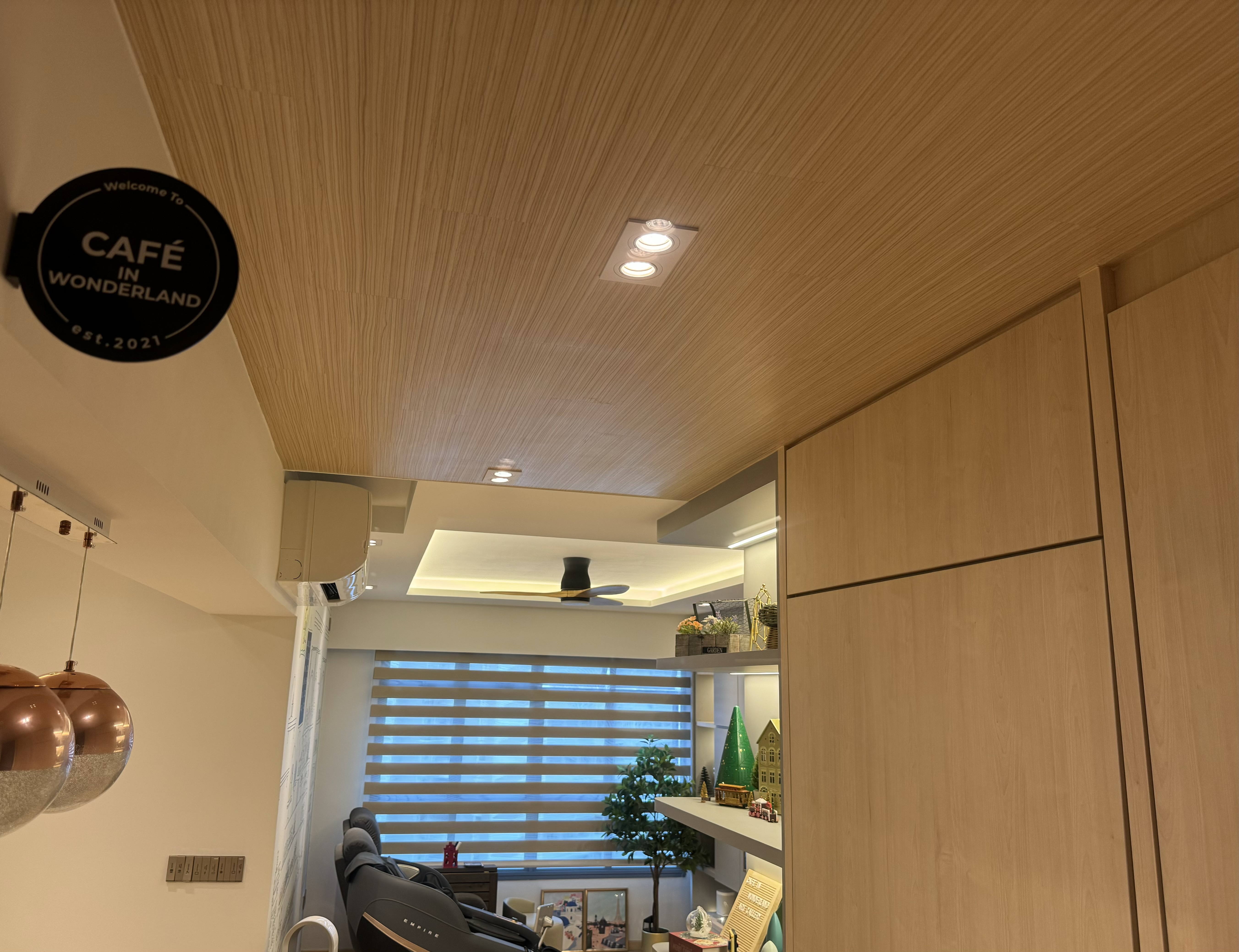 A Cafe Concept BTO in Tampines Greenverge - Wooden ceiling, modern interior, cozy atmosphere, stylish decor, minimalist