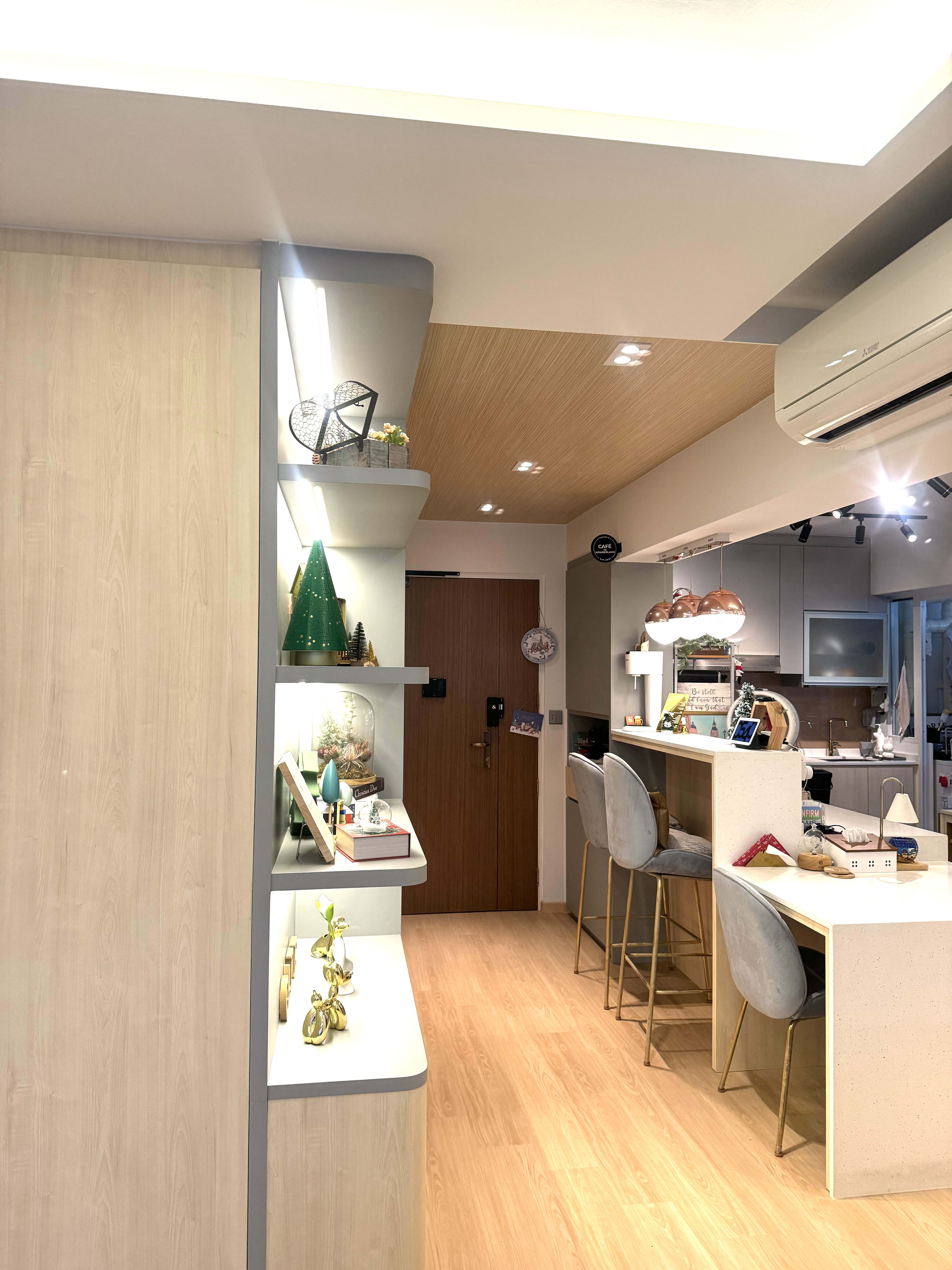 A Cafe Concept BTO in Tampines Greenverge - Wooden shelves, modern kitchen, dining area, minimalist design, cozy atmosphere