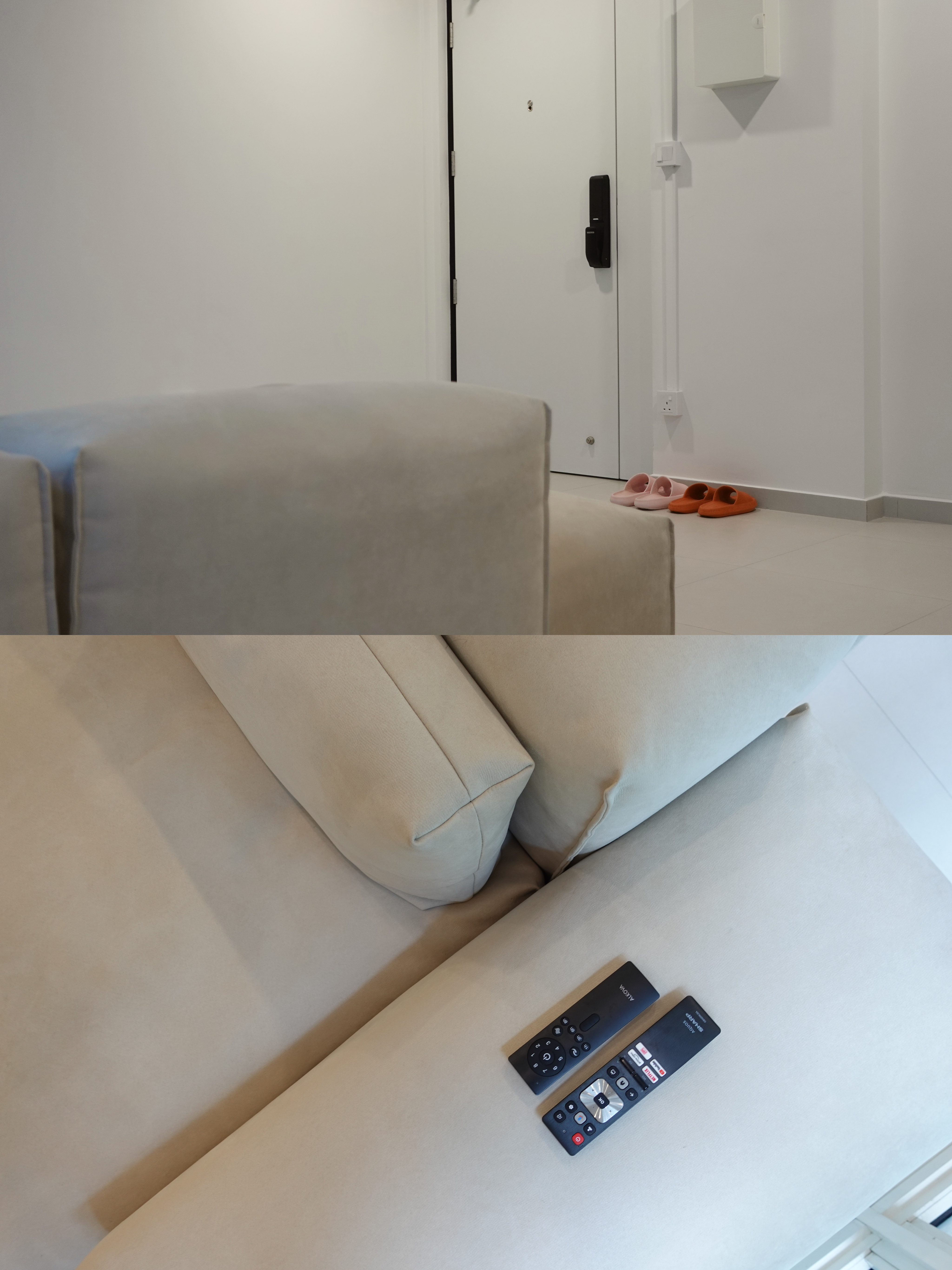 O hey there, welcome to our "minimalist" home   - White minimalist living room, beige sofa, modern decor, soft lighting