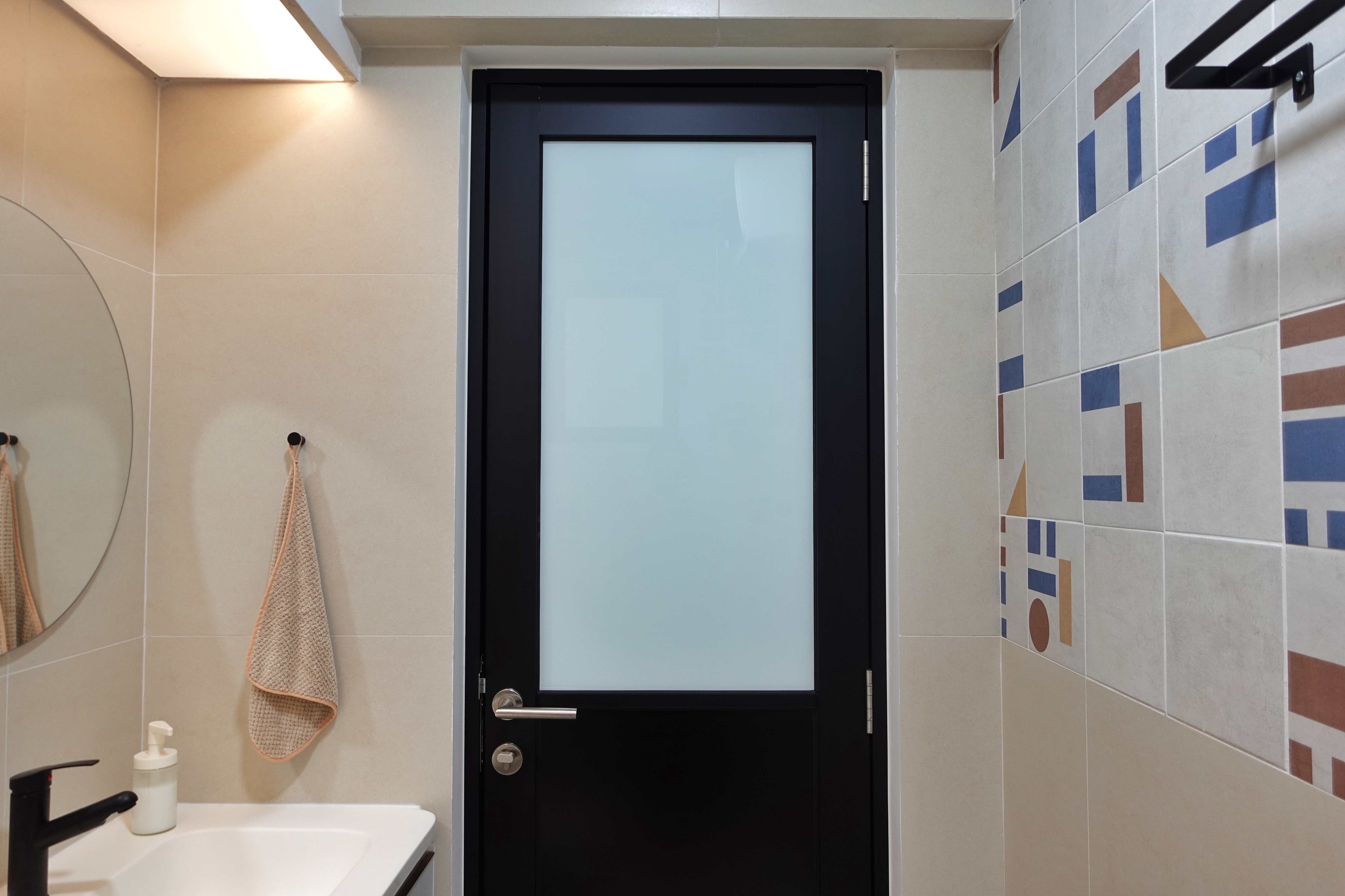 O hey there, welcome to our "minimalist" home   - Bathroom interior, modern design, minimalist decor, tiled walls, abstract