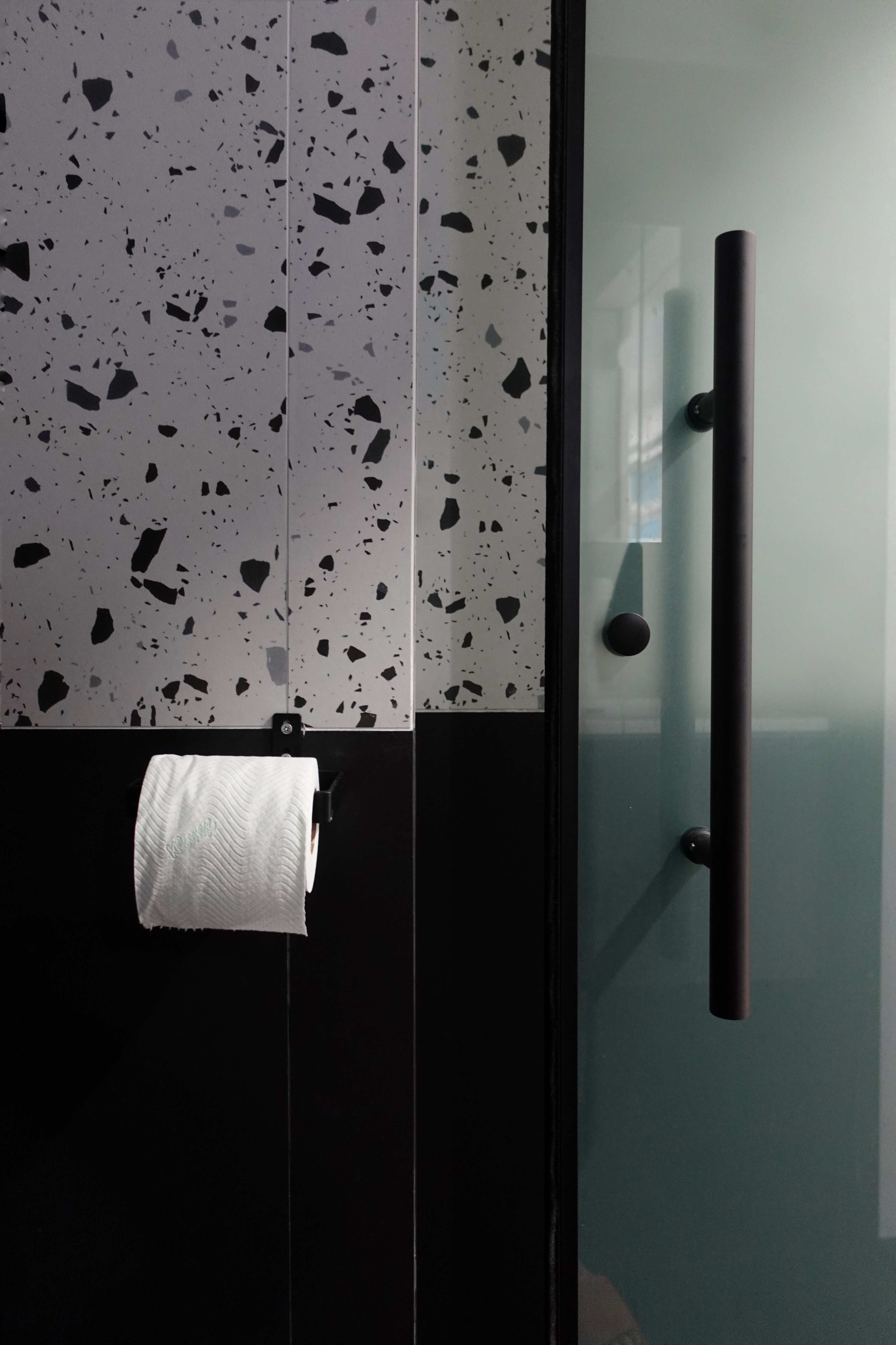 O hey there, welcome to our "minimalist" home   - modern bathroom, textured wall, abstract pattern, black and white design
