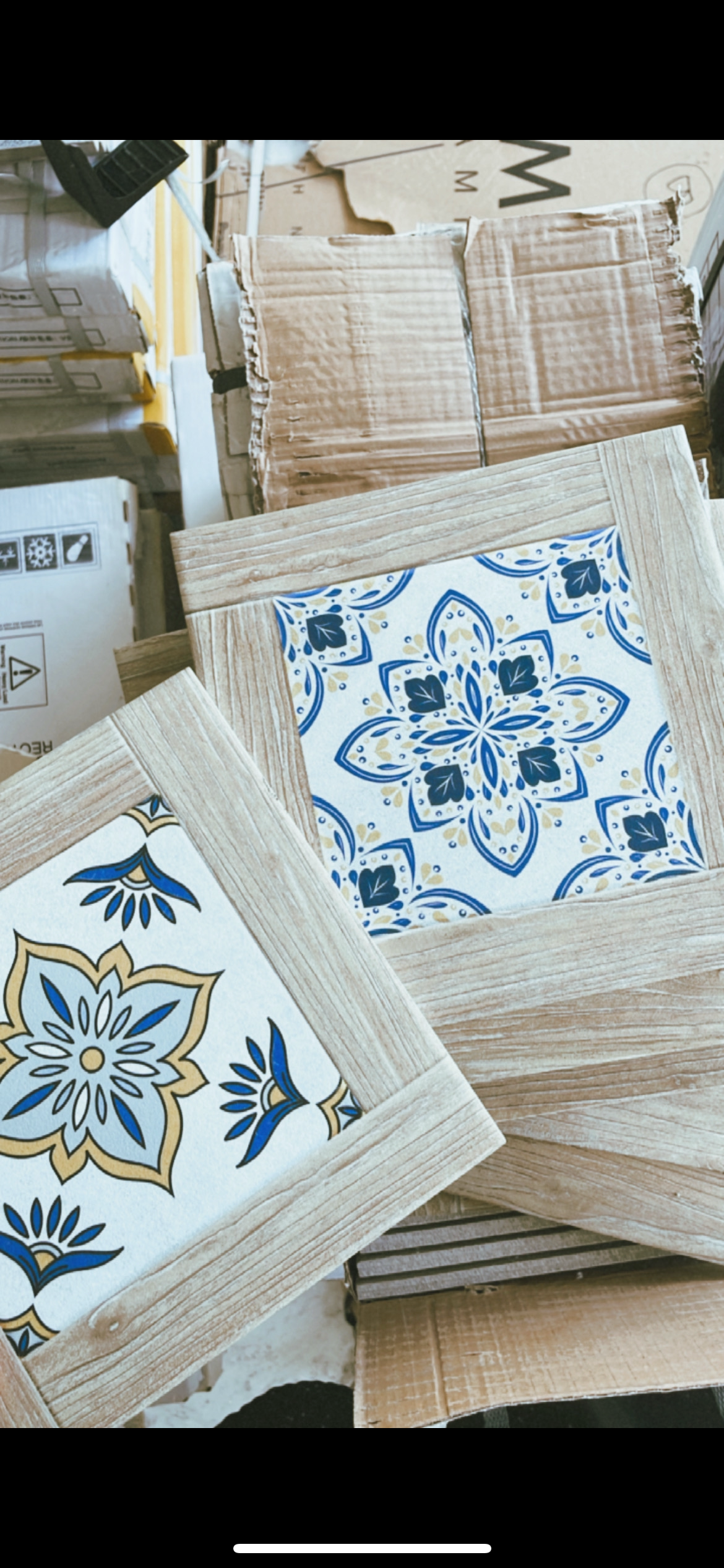 Tiles selection! (Where and how much) - Wooden frames with intricate blue and yellow floral patterns, Wooden frames featuring