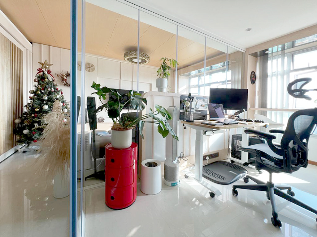 Welcoming Christmas in our 5rooms HDB resale unit - Glass-walled office, modern workspace, cozy plant arrangement, Christmas