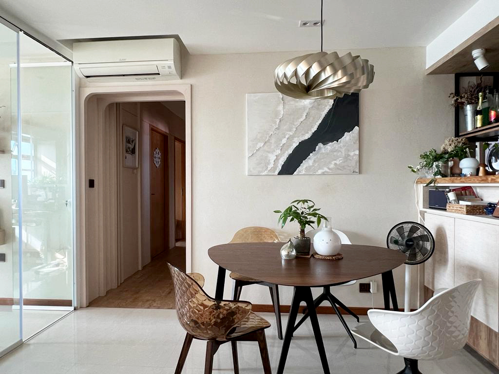 Welcoming Christmas in our 5rooms HDB resale unit - Modern dining room with sleek furniture, minimalist decor, large abstract