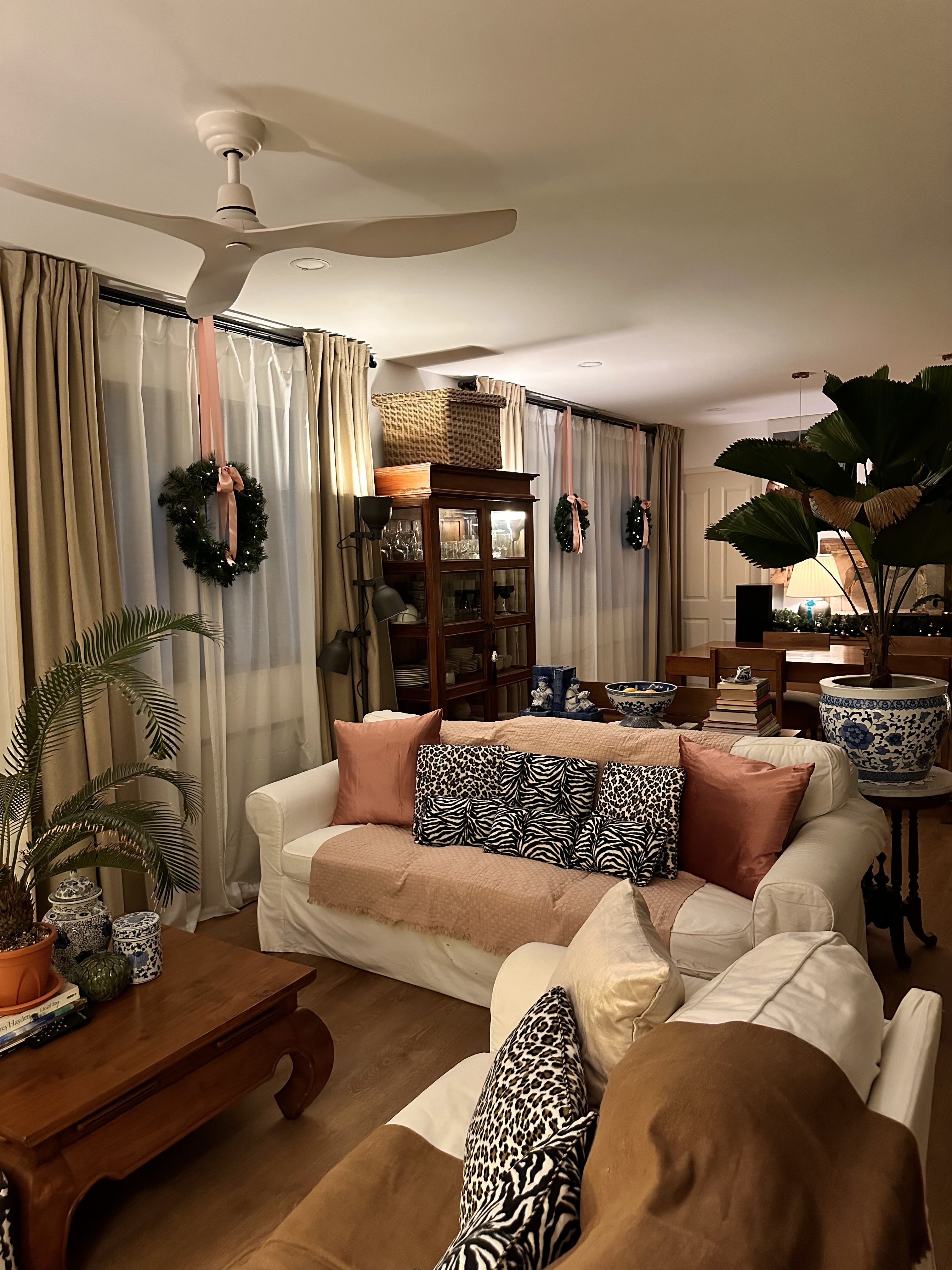 Our Home's Holiday Glow-Up with Crystal Sparkles and Pretty in Pink - Cream and beige color scheme, cozy living room, large