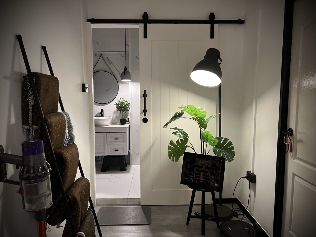 A digital journal of our home improvement projects - modern bathroom, minimalist design, open door, white vanity, black