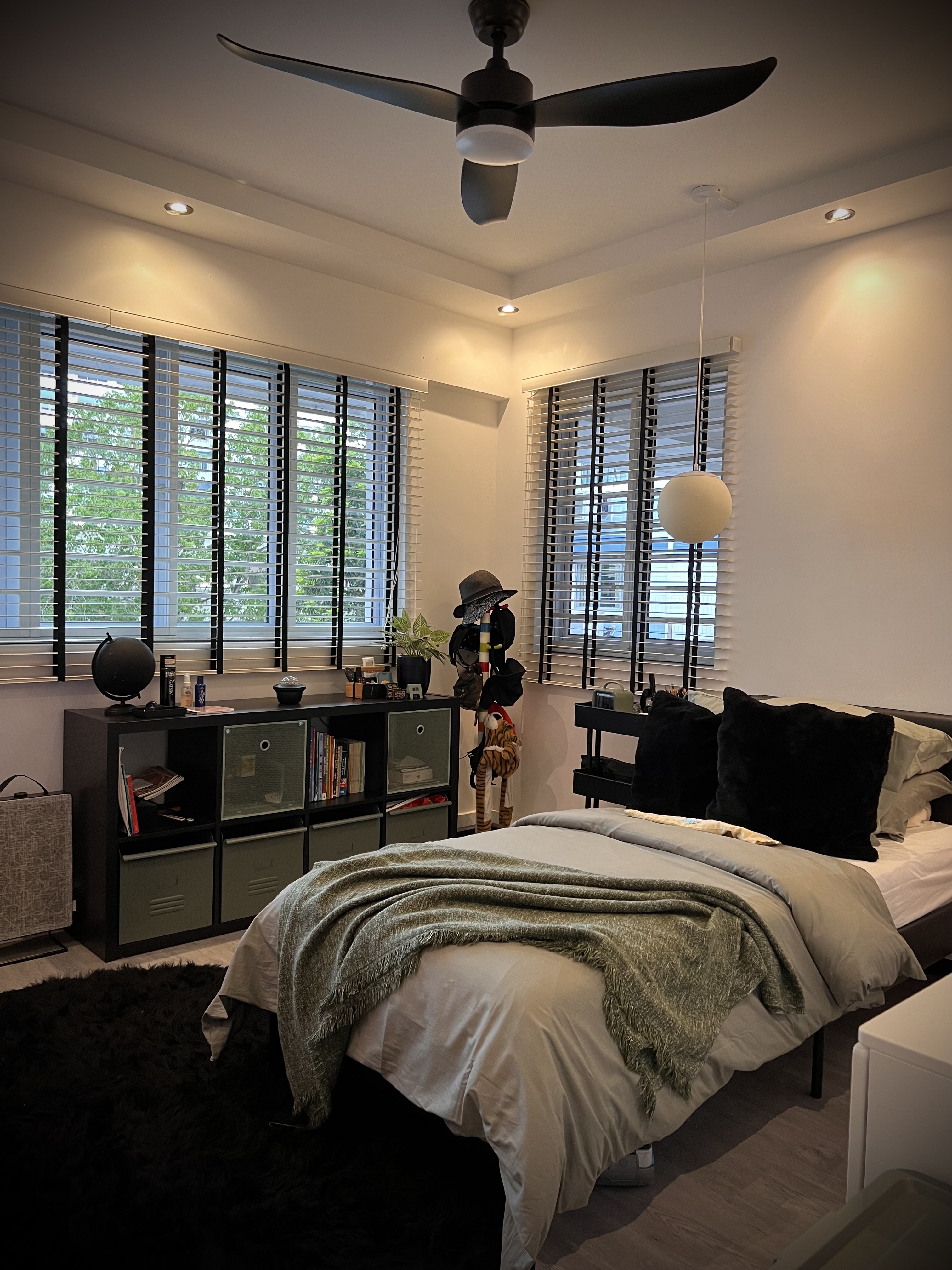 A digital journal of our home improvement projects - Modern bedroom with large windows, black blinds, ceiling fan, soft