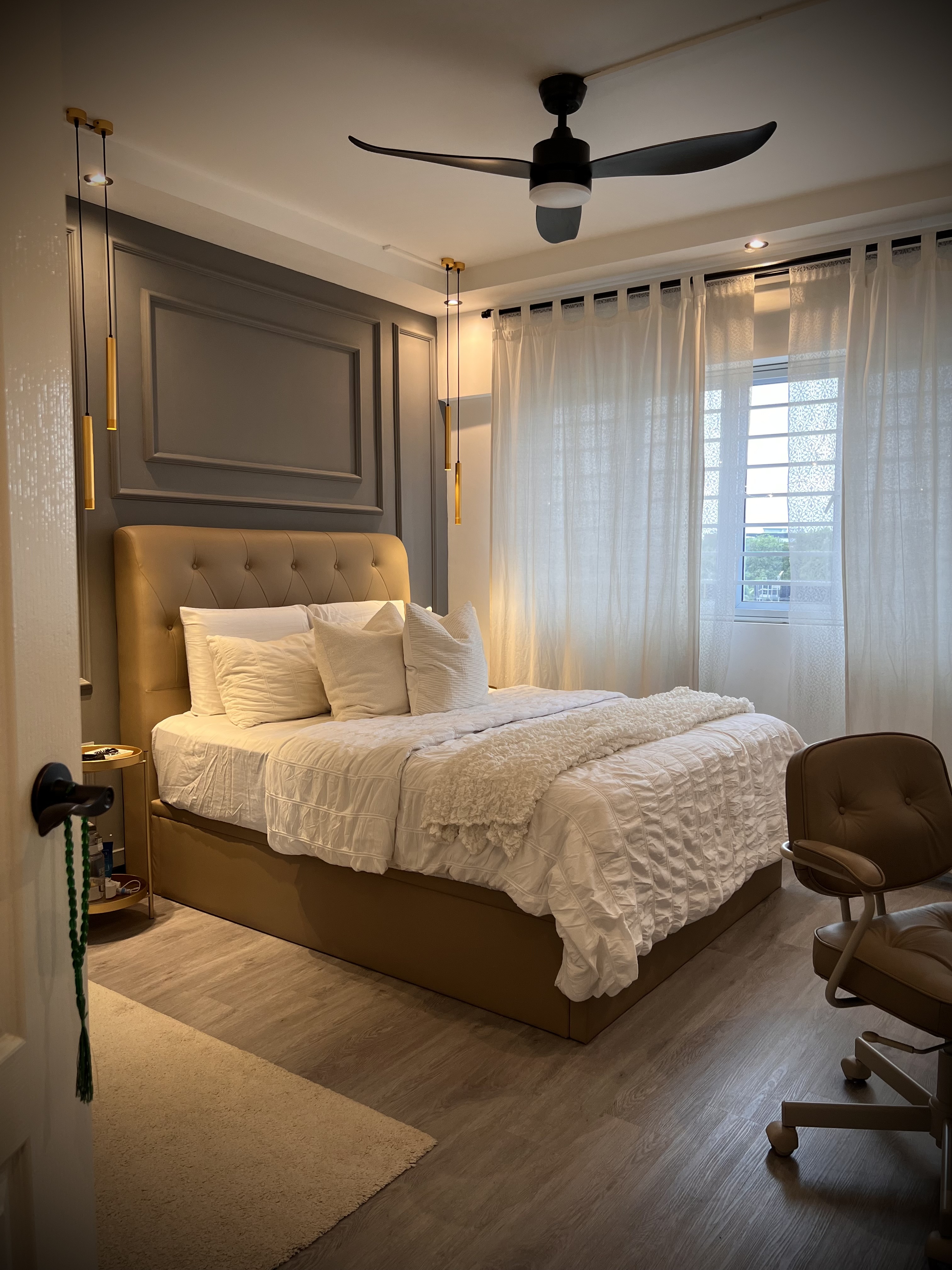 A digital journal of our home improvement projects - Modern bedroom with beige upholstered headboard, white bed linens, and