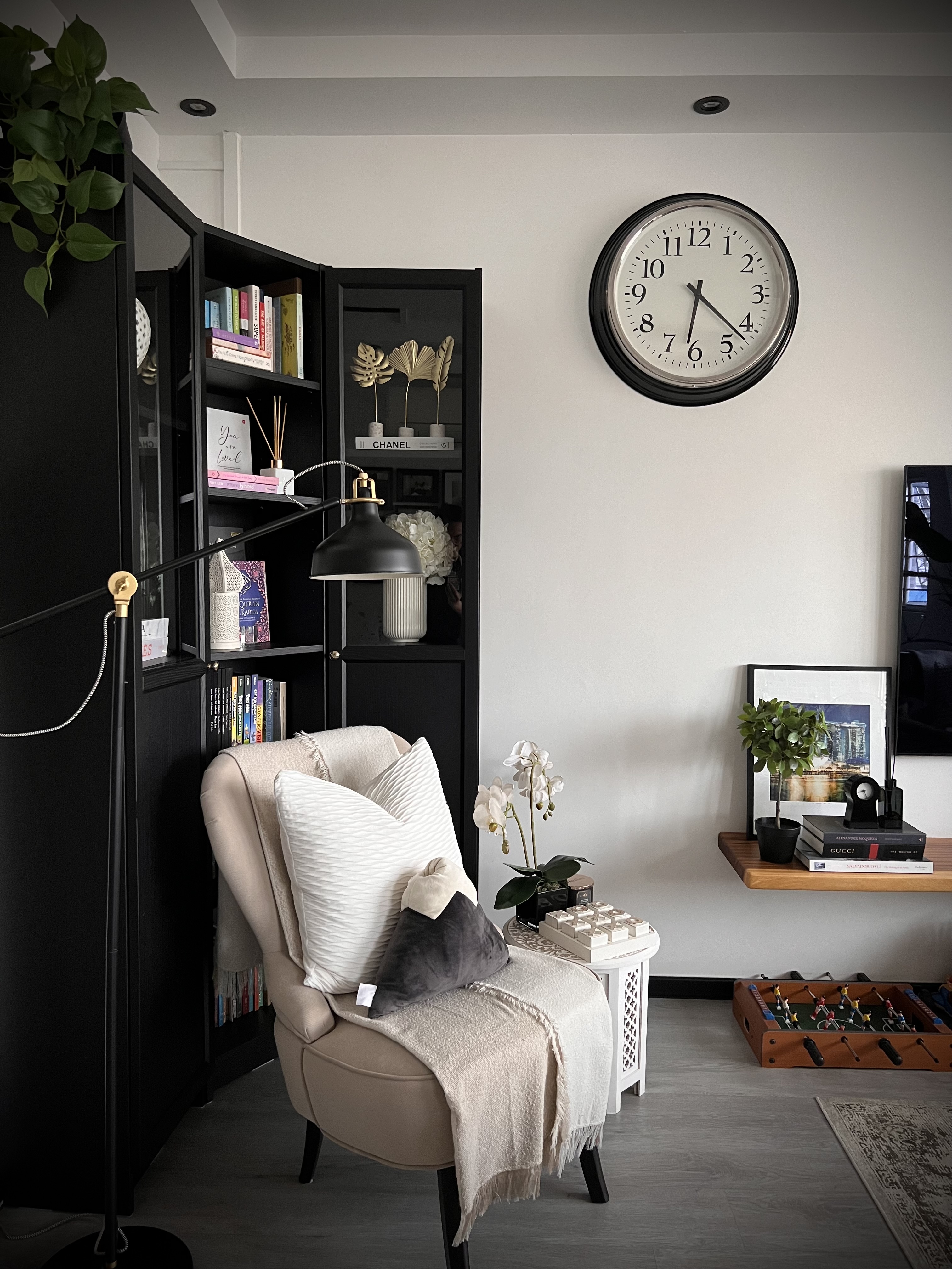 A digital journal of our home improvement projects - black leather armchair, beige throw blanket, indoor plant, black