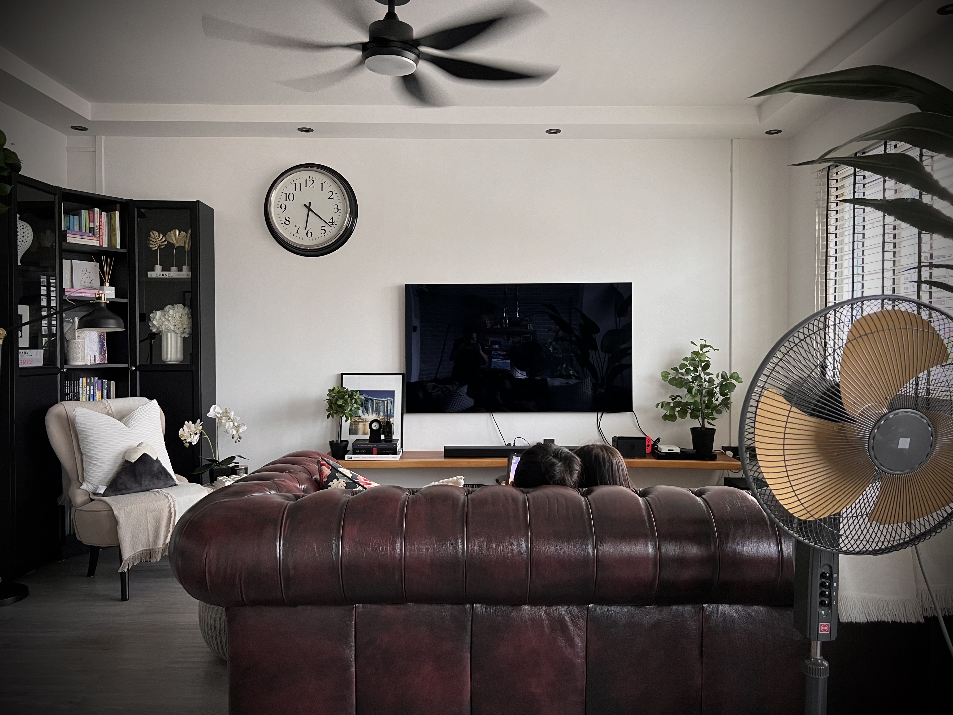 A digital journal of our home improvement projects - Modern living room, cozy seating, dark leather couch, large TV, indoor