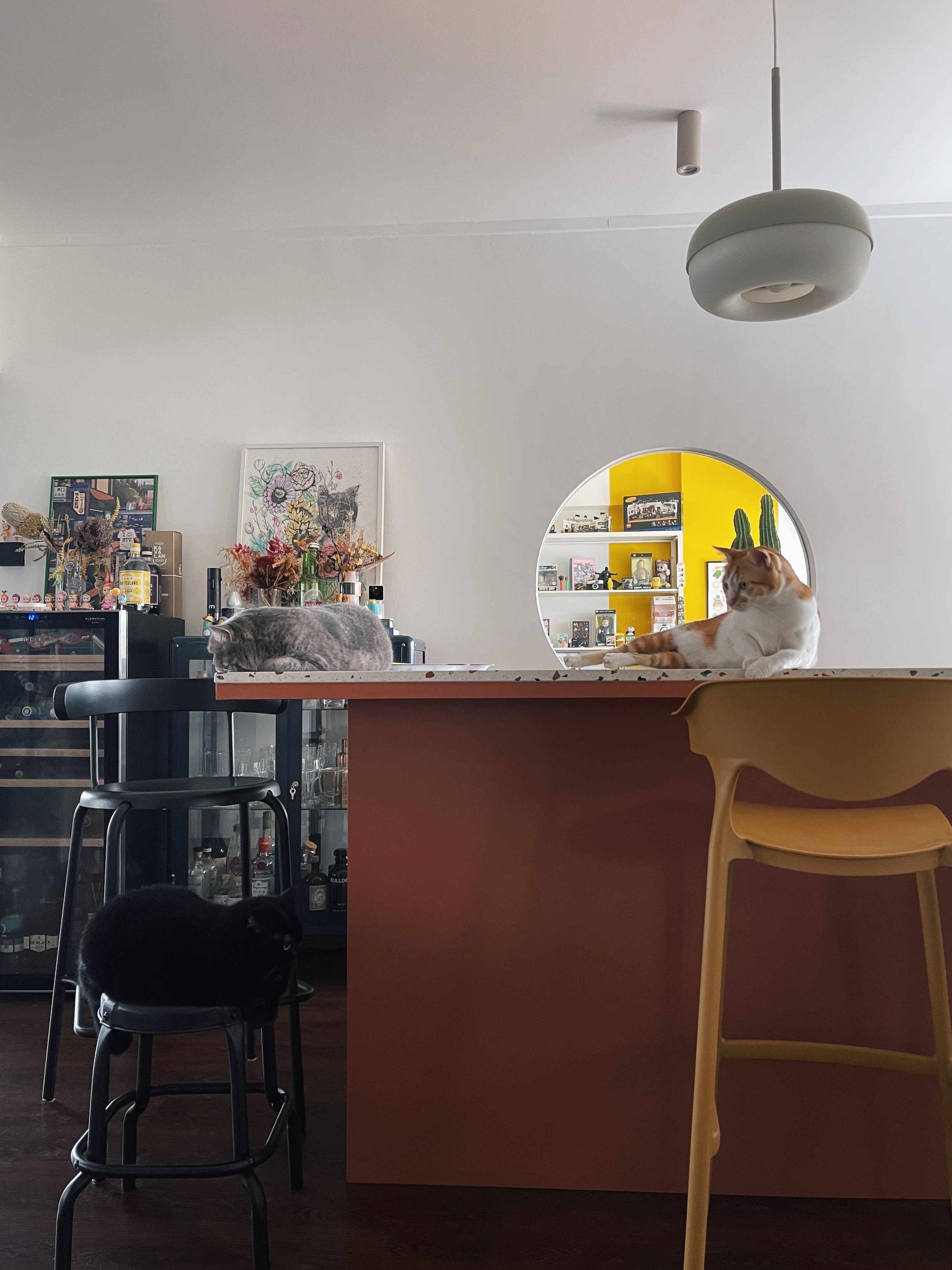 Our 2.1m dining island perfect for hosting!  - modern living room, cozy bar, cat cafe, black and white cats, playful decor