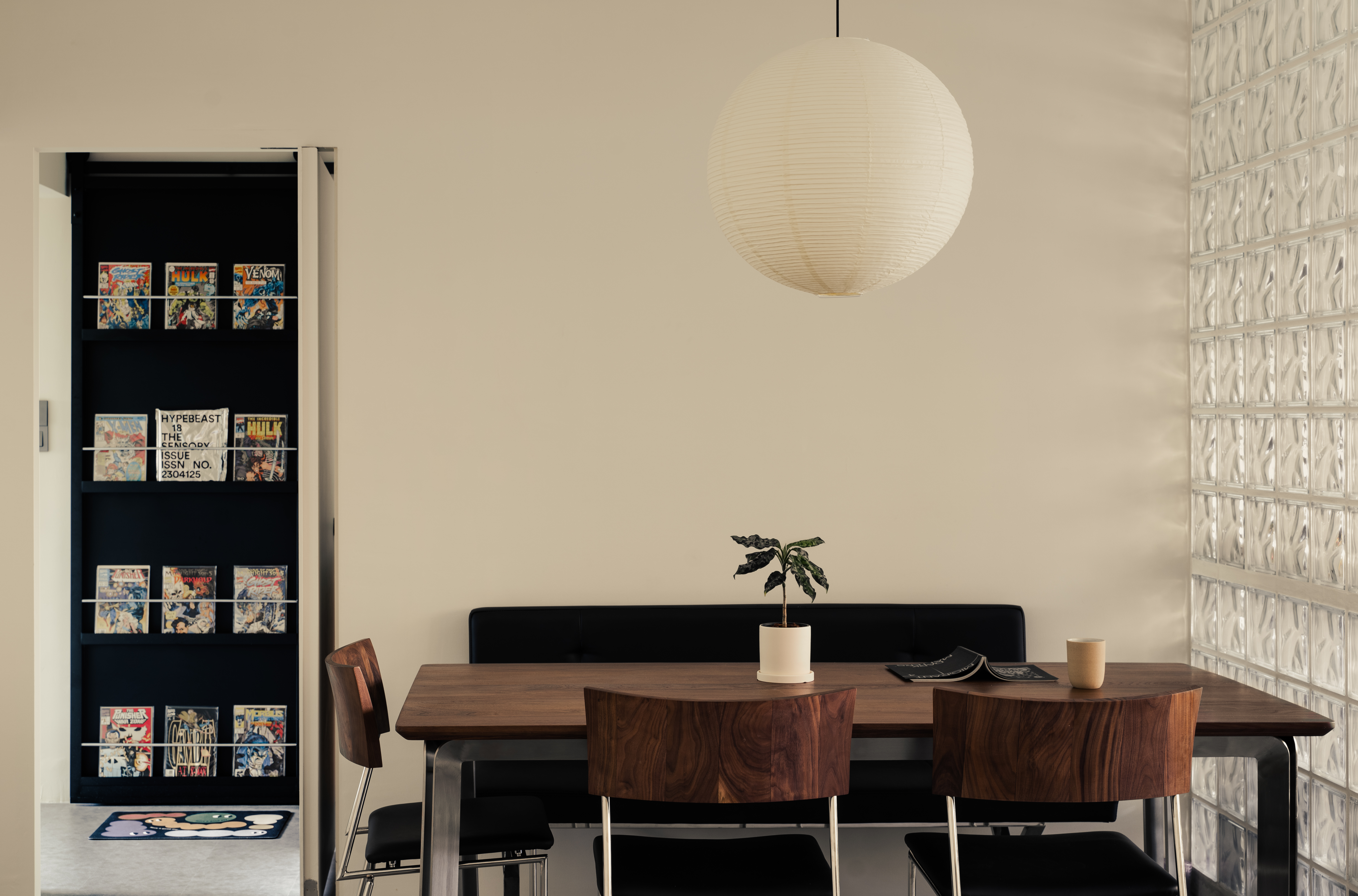 Our Dining Area: A quiet private space where we work, dine and chill - Modern dining room, minimalist design, wooden table
