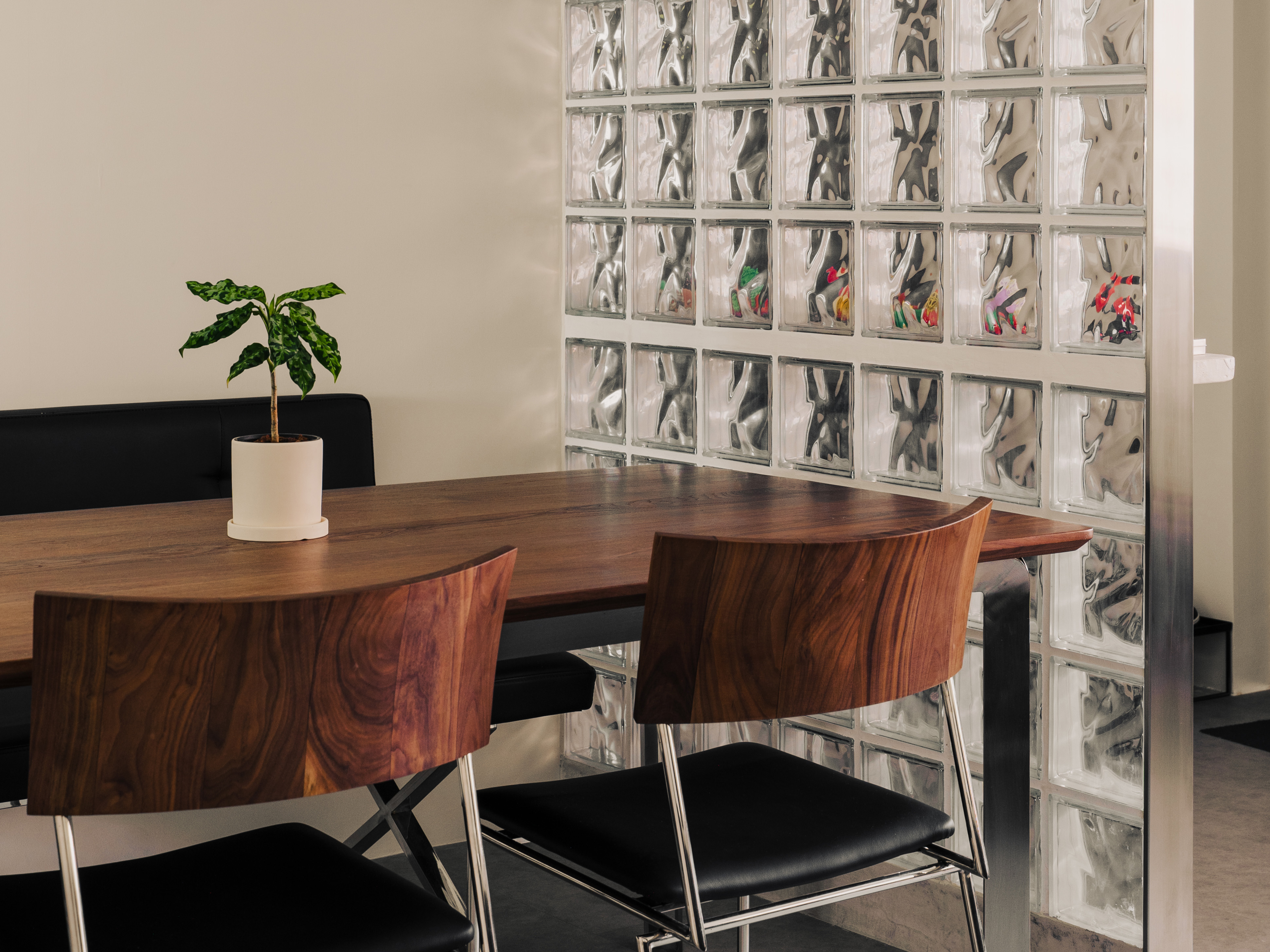 Our Dining Area: A quiet private space where we work, dine and chill - Modern dining room, minimalist design, wooden table