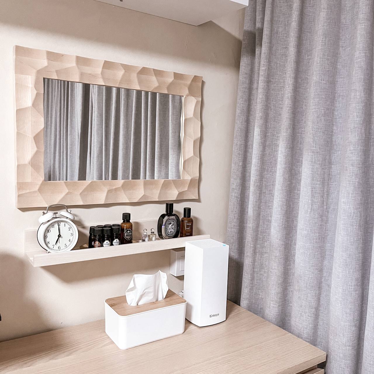 Bedroom Essentials - Wooden shelf, white clock, gray curtains, minimalist decor, modern bathroom, white tissue box, wooden