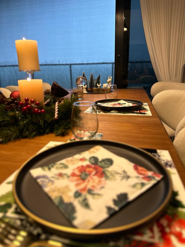 Our dining room goal - Candlelit dining table, festive decorations, Christmas centerpiece, red berries, glassware, black