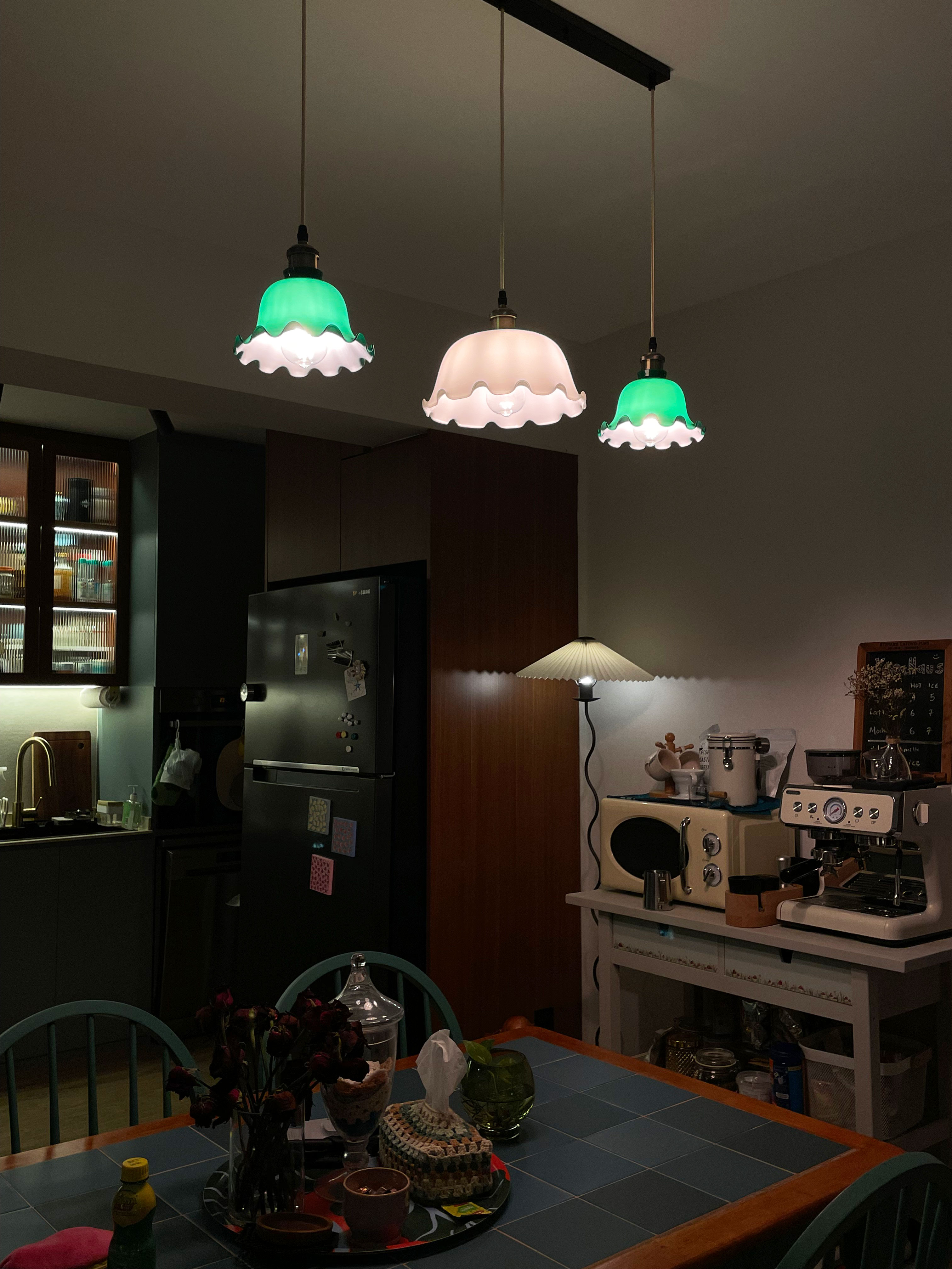 Your reservation at the YeoHaus Cafe ☕️ is here! - Green pendant lights, kitchen cabinets, wooden paneling, refrigerator