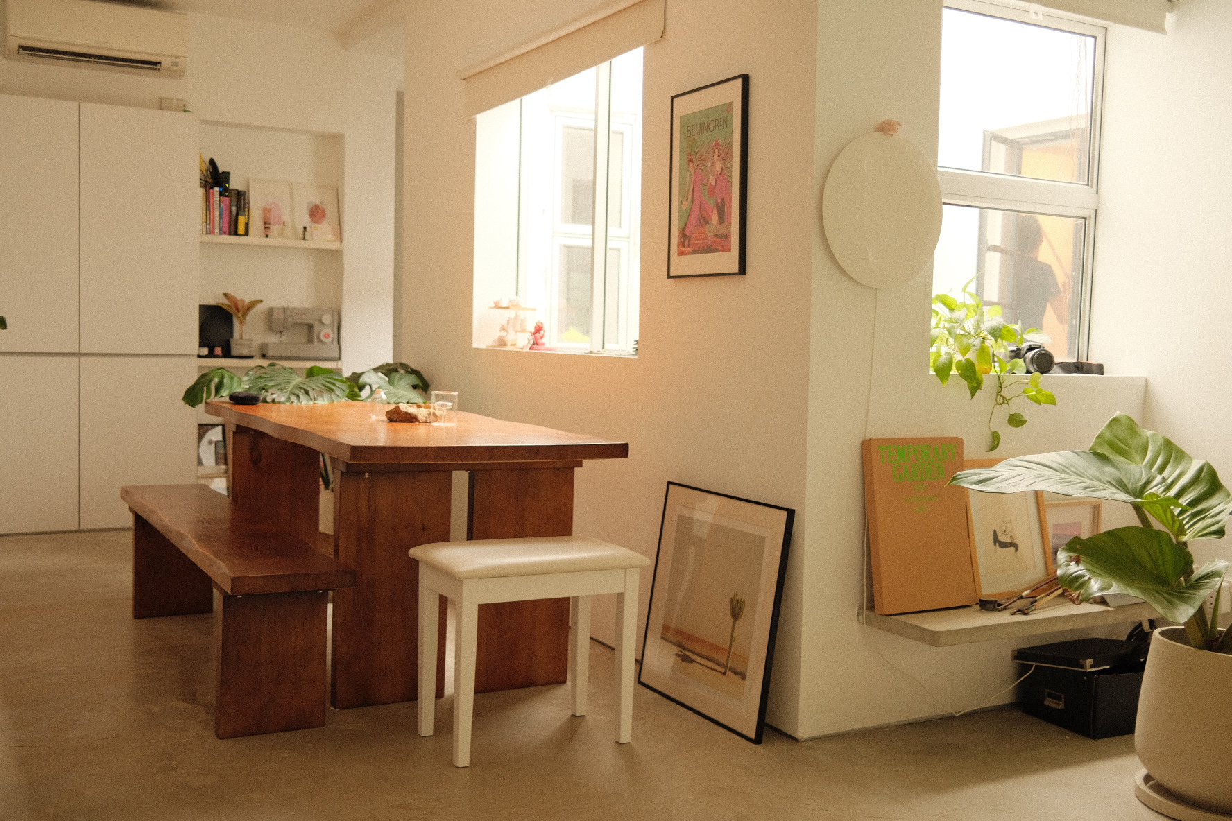 Welcome to our eclectic heritage home 🏡  - Wooden dining table, white bench, minimalist kitchen, natural light, modern
