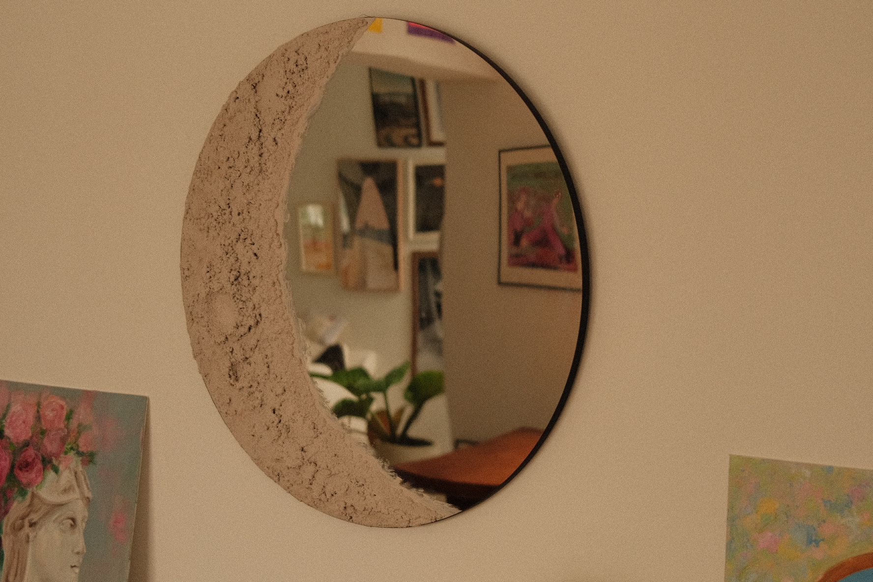 Welcome to our eclectic heritage home 🏡  - Circular mirror, textured surface, abstract art, colorful paintings, minimalist