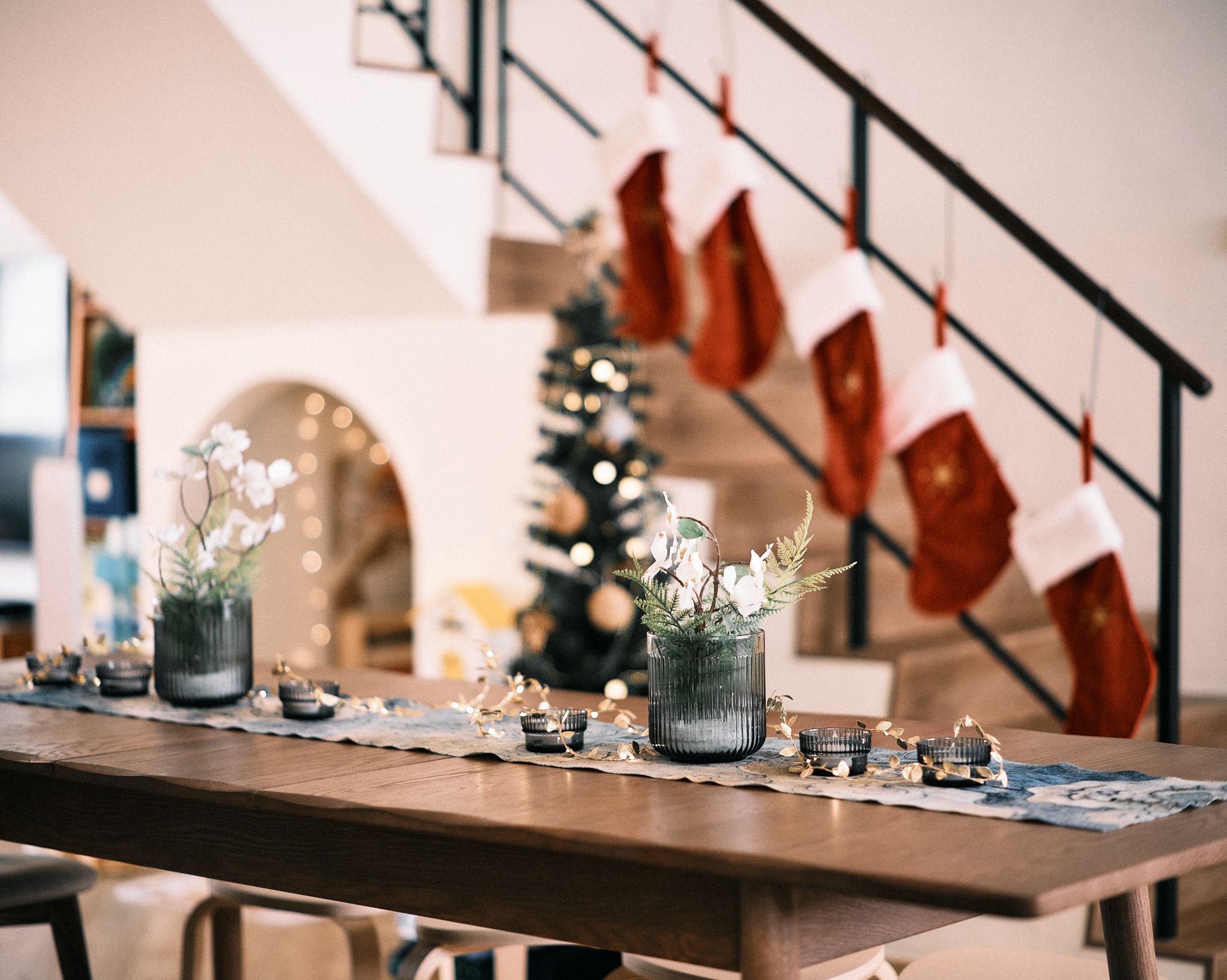 A very Casito Christmas - wooden dining table, festive table setting, Christmas decorations, cozy room, holiday theme, indoor