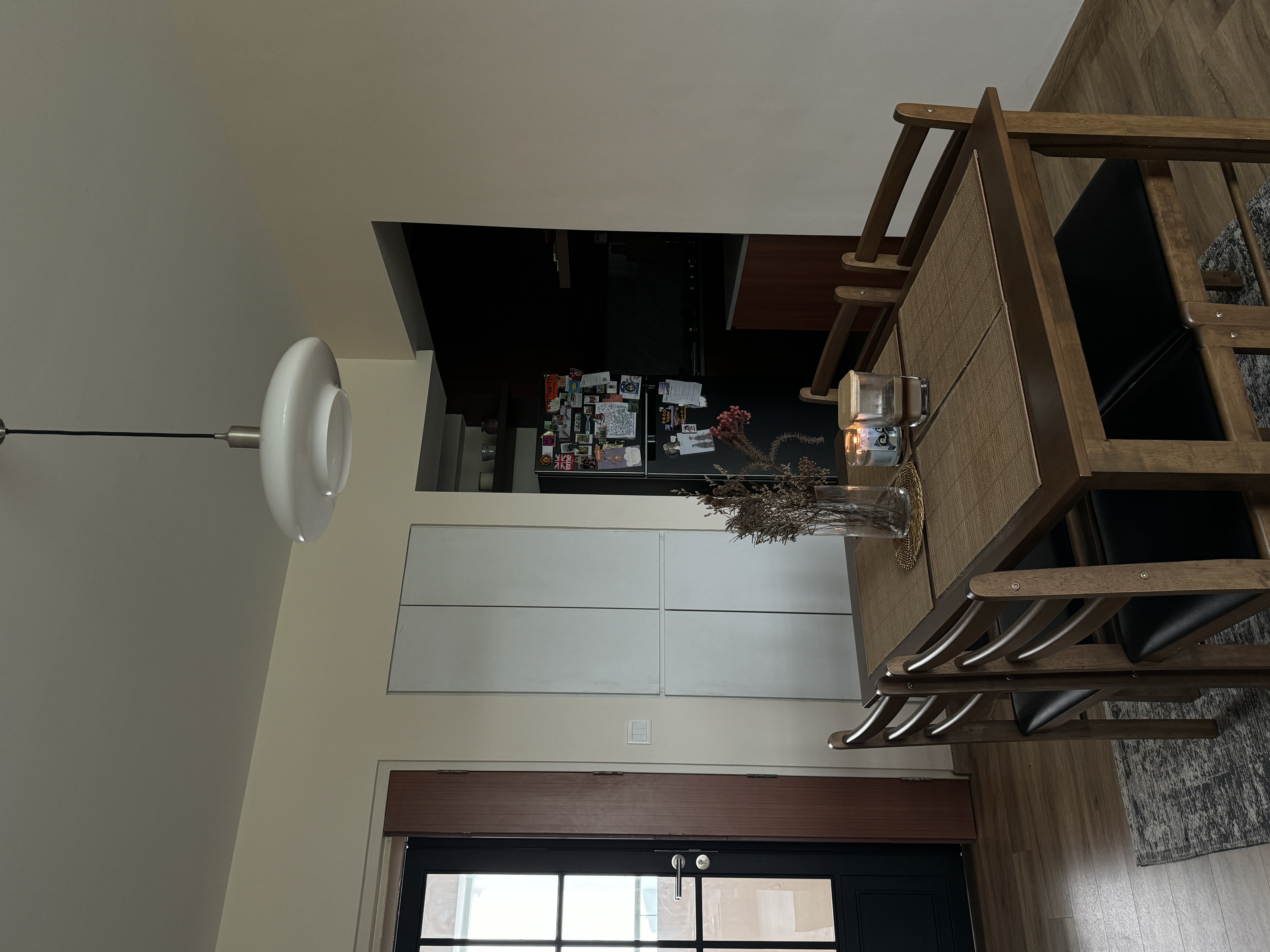 Dining with warmth and delight - modern dining room, minimalist design, wooden furniture, dining table, black chairs, white