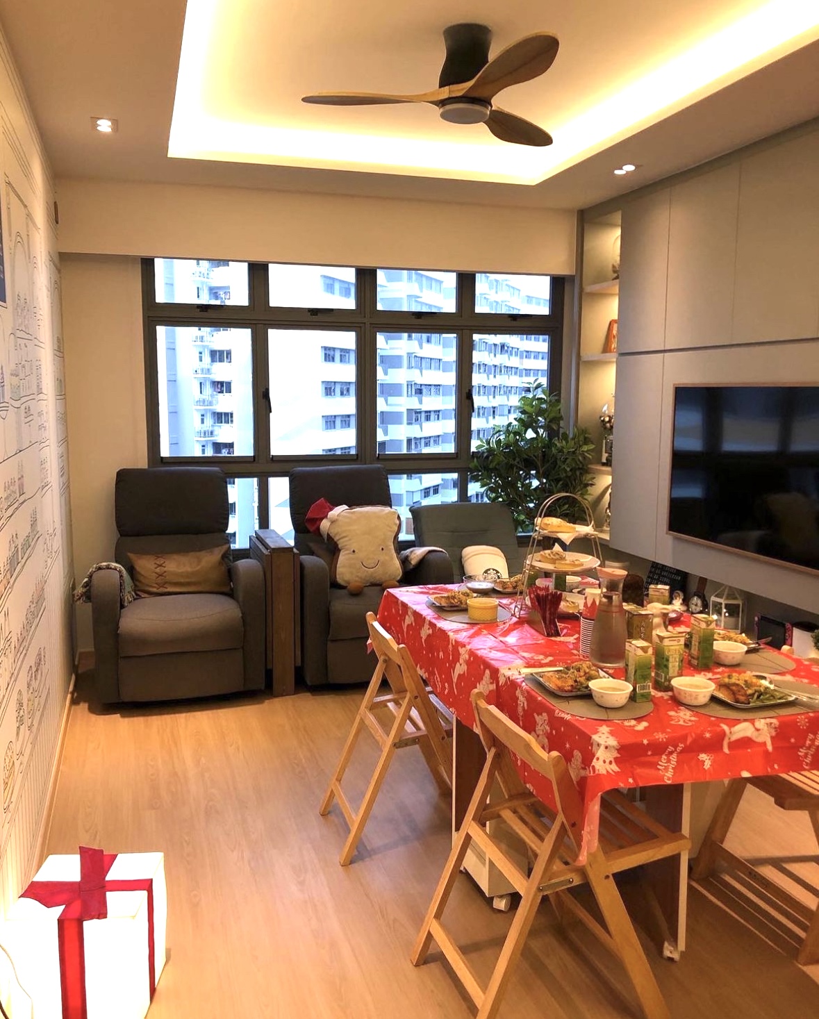 Our Dining Space: 2 Dining Zones for Maximum Flexibility - Modern living room with dining area, cozy armchair, plush pillow