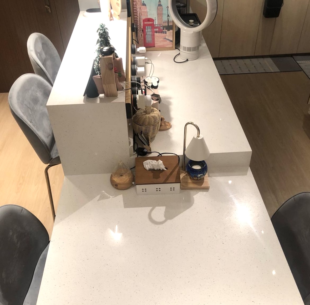 Our Dining Space: 2 Dining Zones for Maximum Flexibility - modern kitchen countertop, minimalist design, white speckled