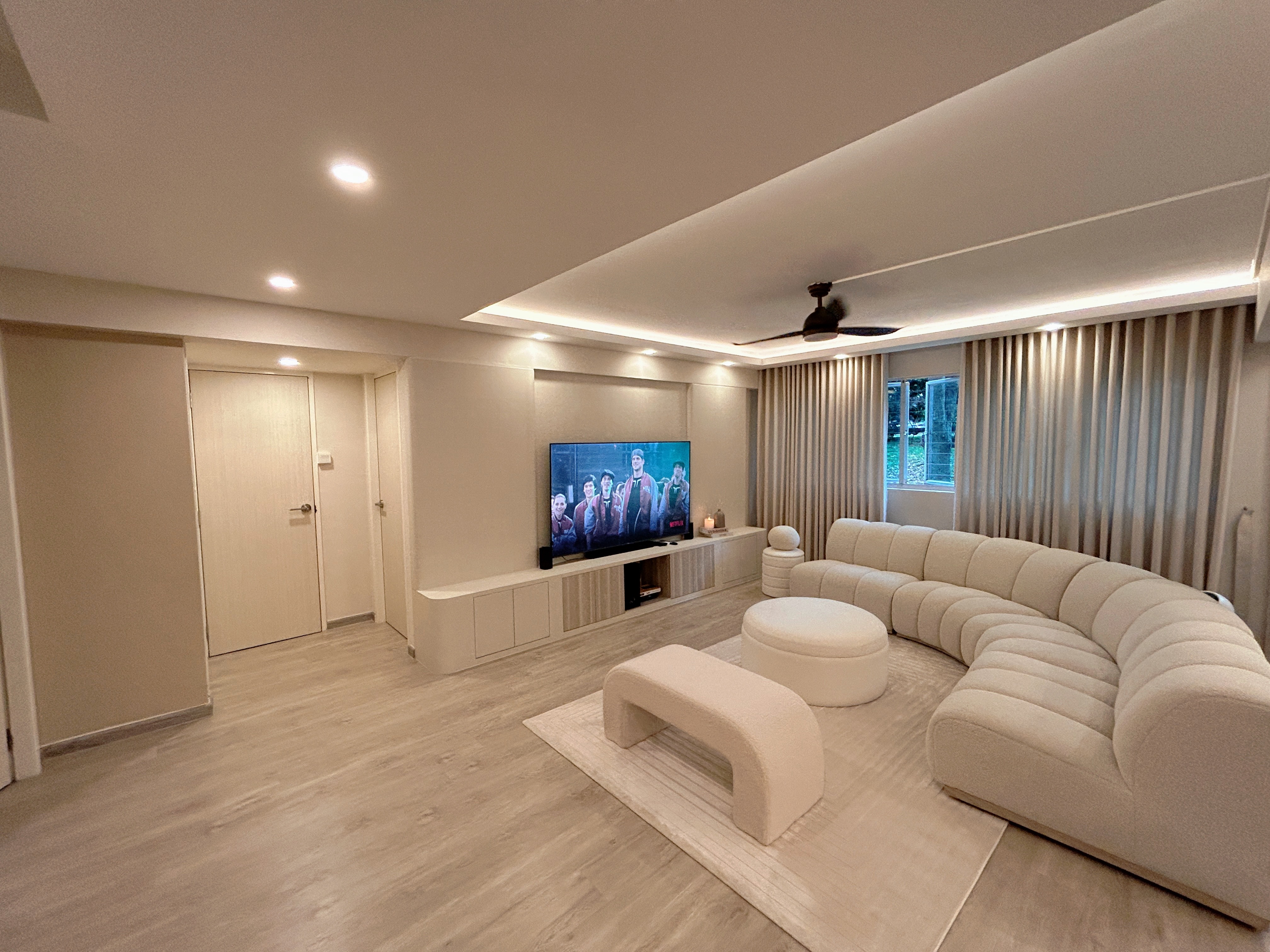 Welcome to Marshy Home! - Modern living room with beige color scheme, spacious layout, sleek design, contemporary furniture