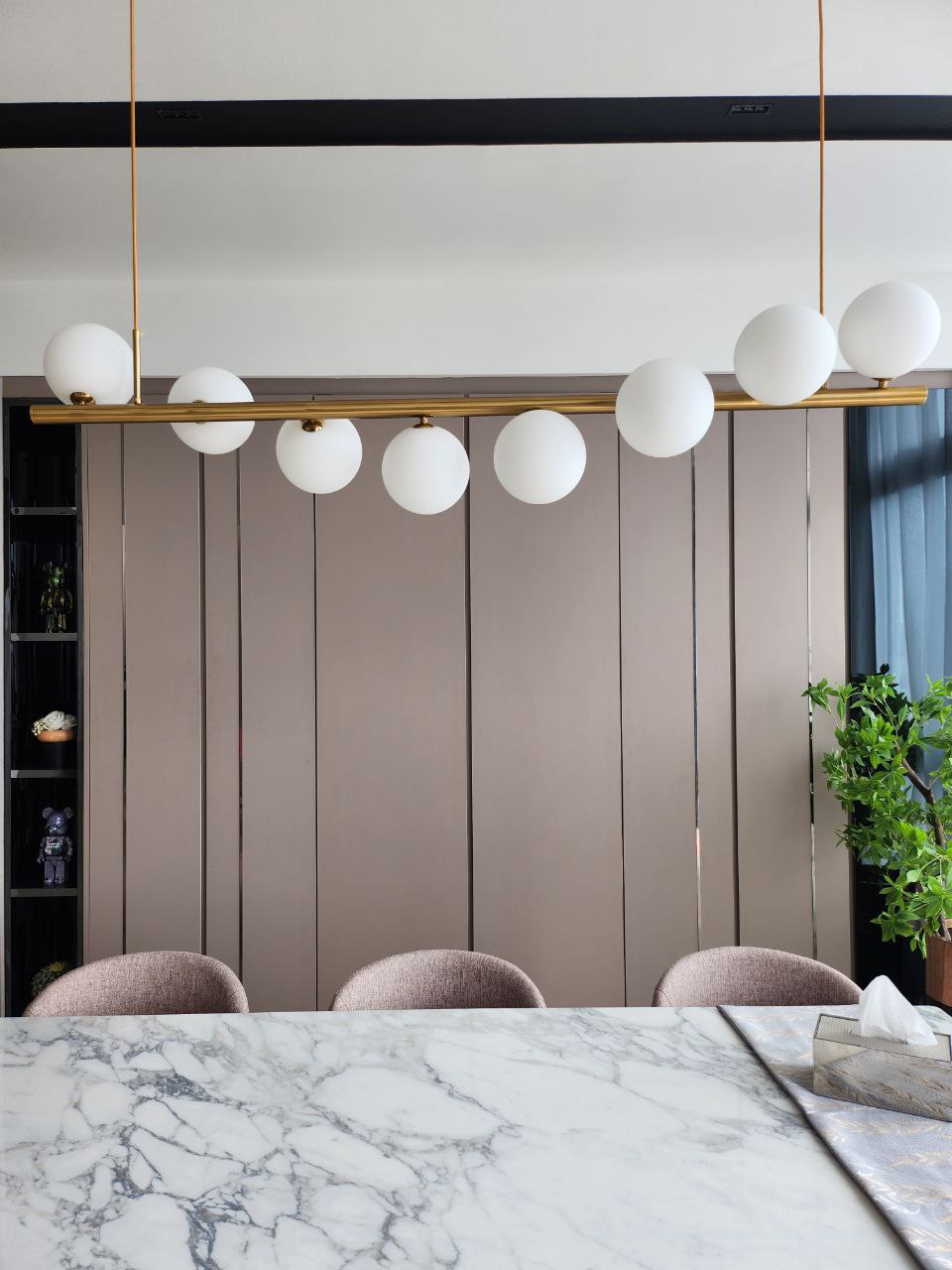 Our dining area(s): Not just one but two! - Modern dining room, minimalist design, elegant table, marble countertop, pendant