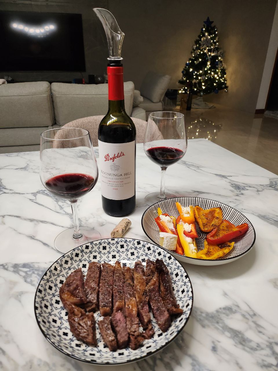 Our dining area(s): Not just one but two! - Married set, wine bottle, red wine, table setting, festive decor, Christmas tree