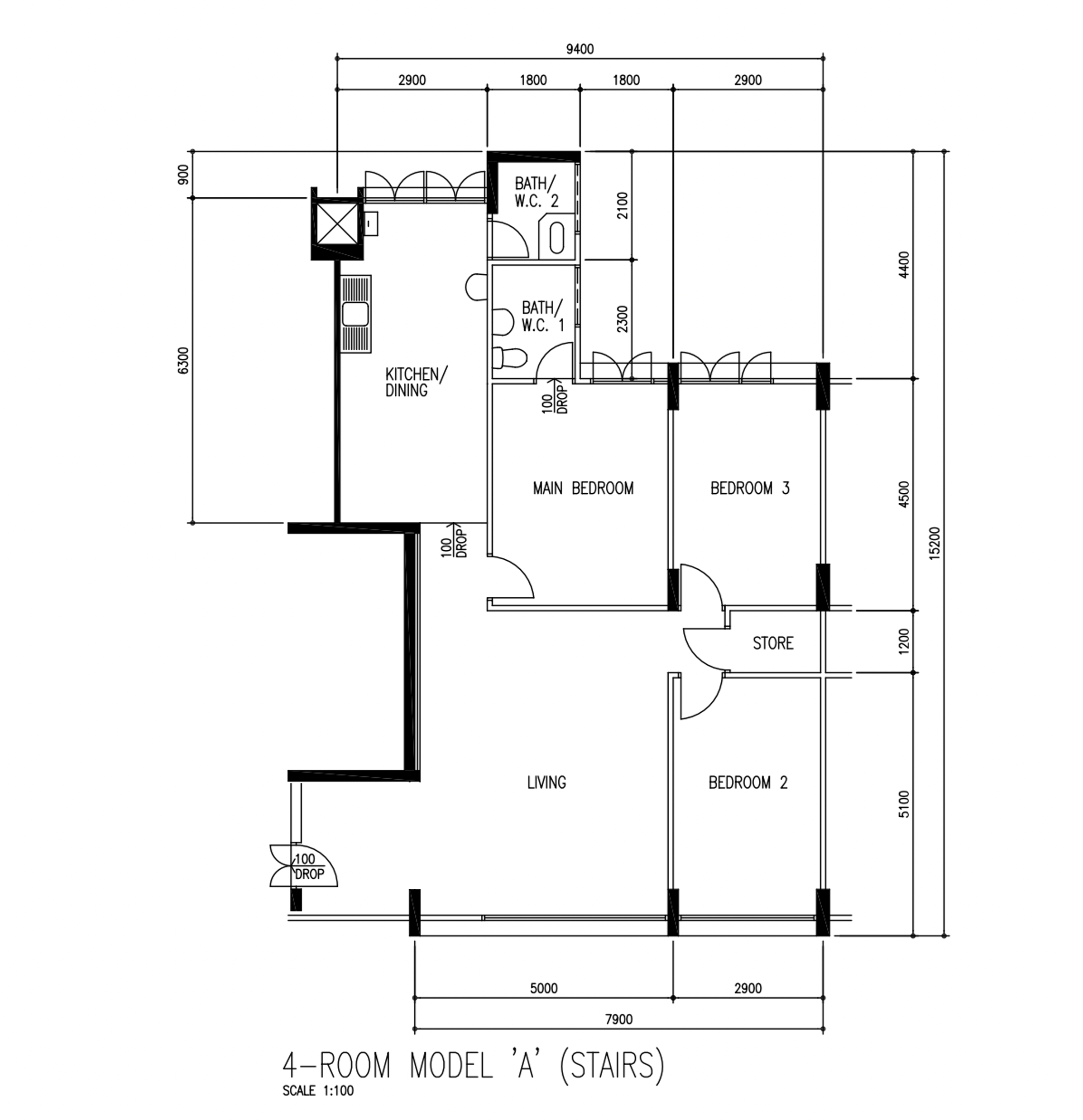 A calm and cosy space - 4-room model with stairs, 1:100 scale, 4-room layout with kitchen, dining, and bedrooms, 4-room